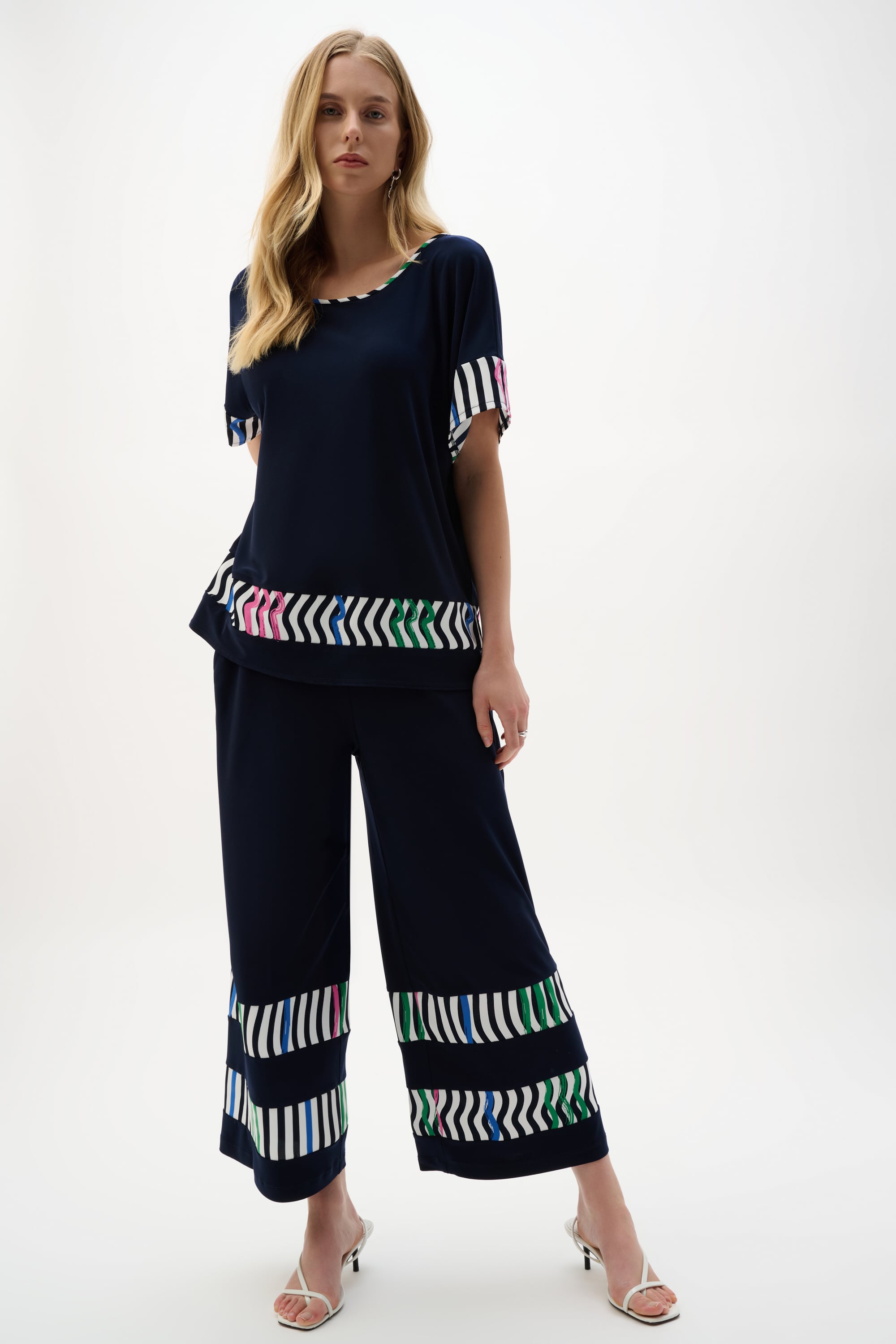 Silky Knit And Woven Stripe Print Culotte Pants