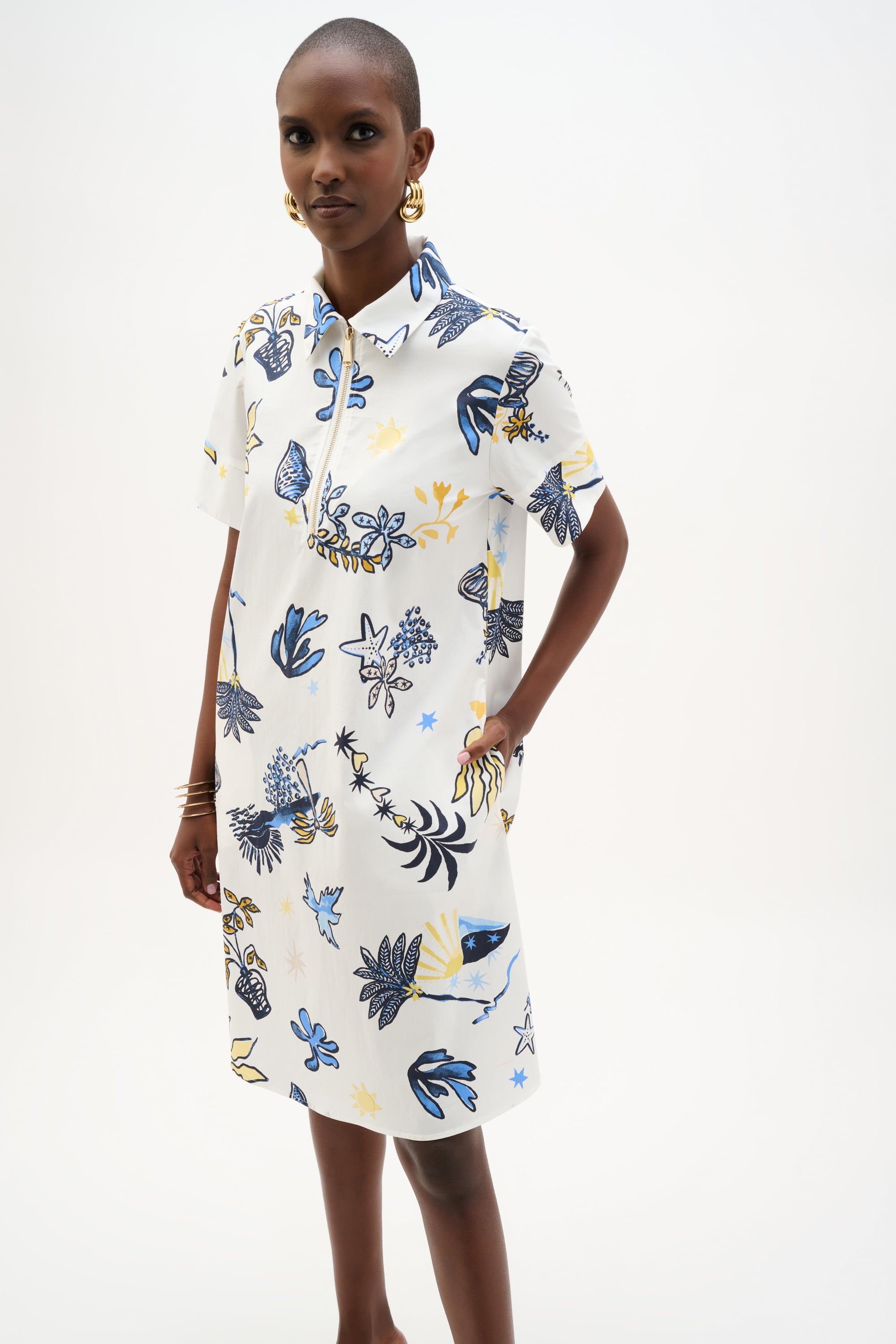 Stretch Cotton Tropical Print A-Line Dress