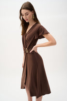 Silky Knit Wrap Dress With Ruffled Sleeves