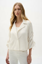 Woven Seersucker Boxy Blazer With Shirred Sleeves