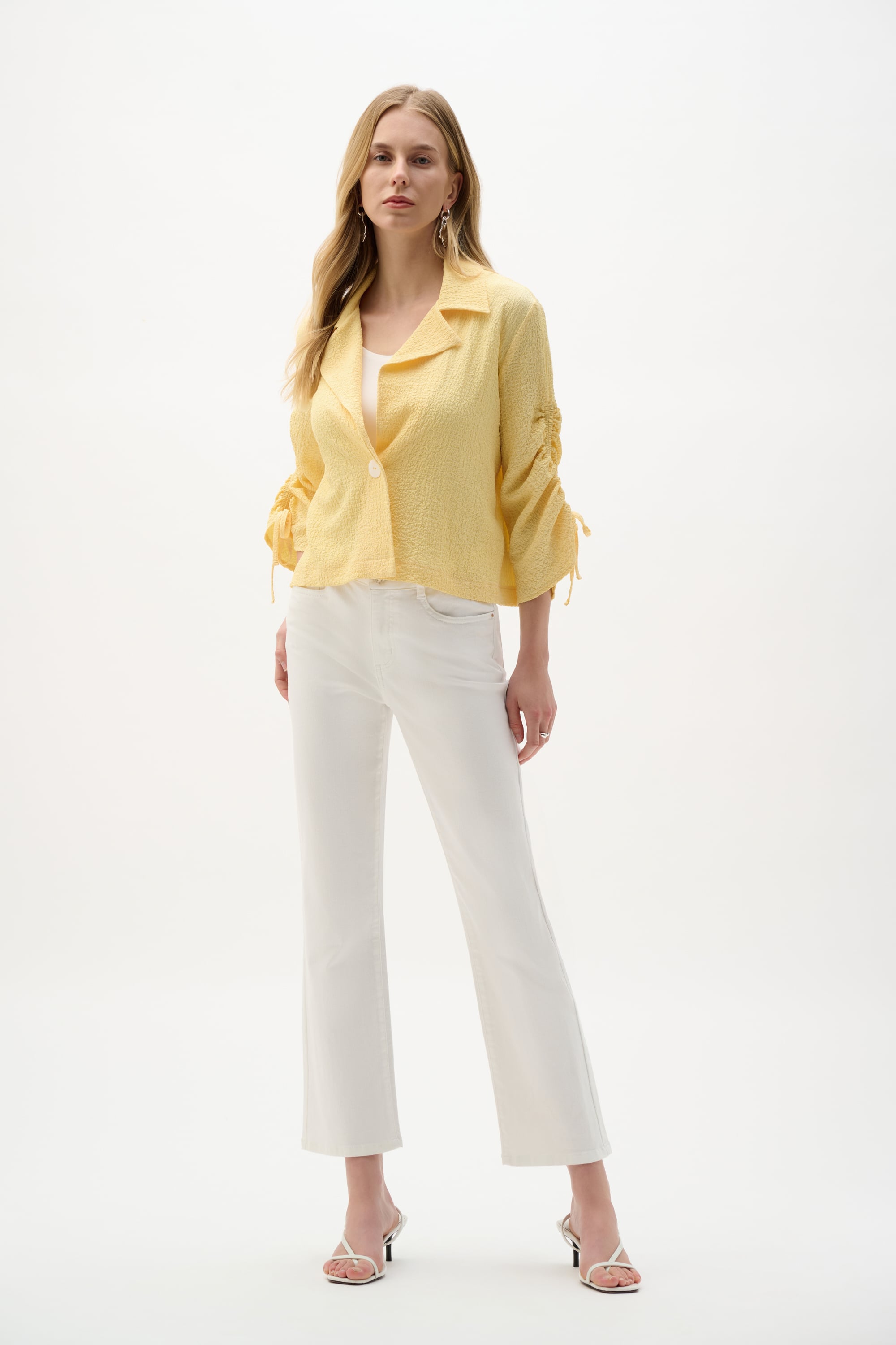 Woven Seersucker Boxy Blazer With Shirred Sleeves