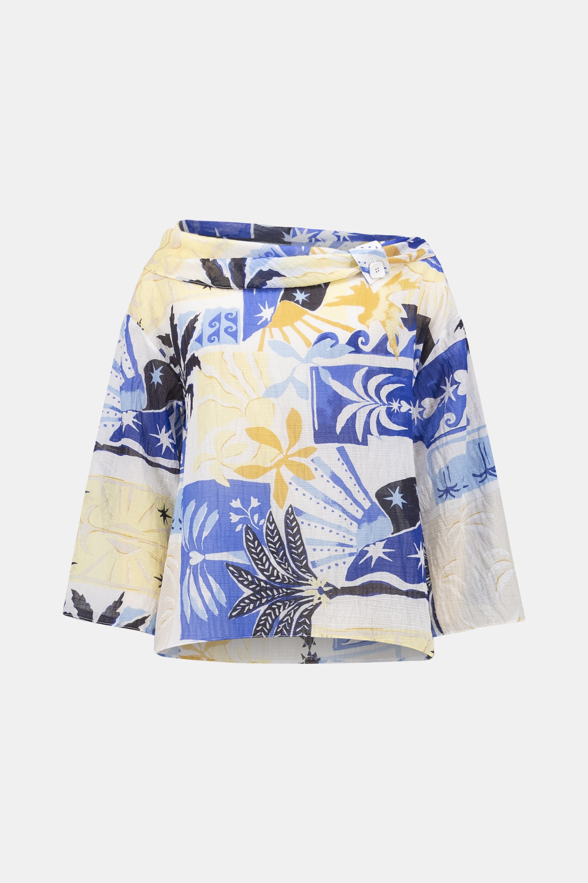 Sheer Woven Tropical Print Boxy Top With Cowl Neck