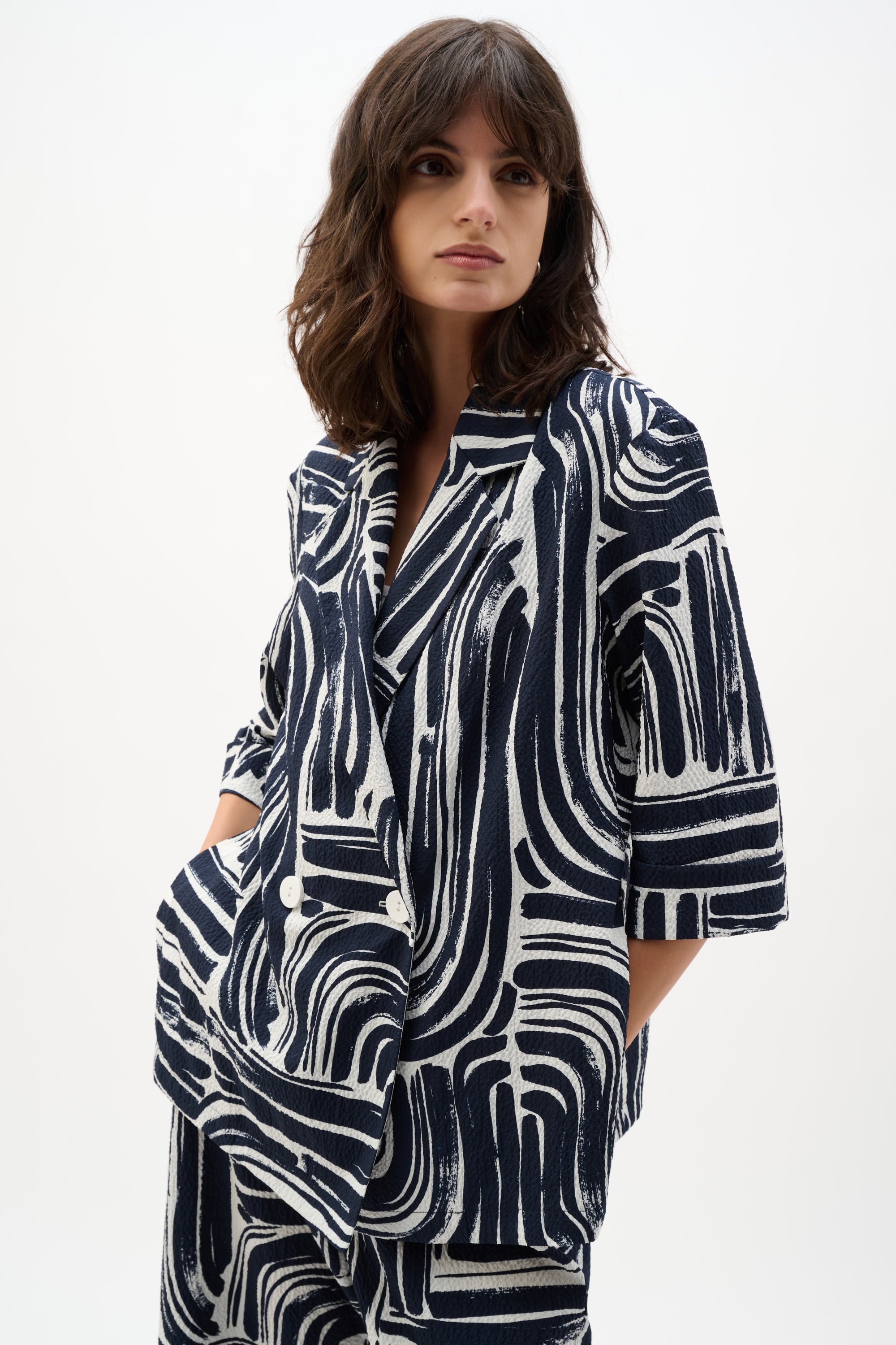 Seersucker Abstract Print Double-Breasted Blazer