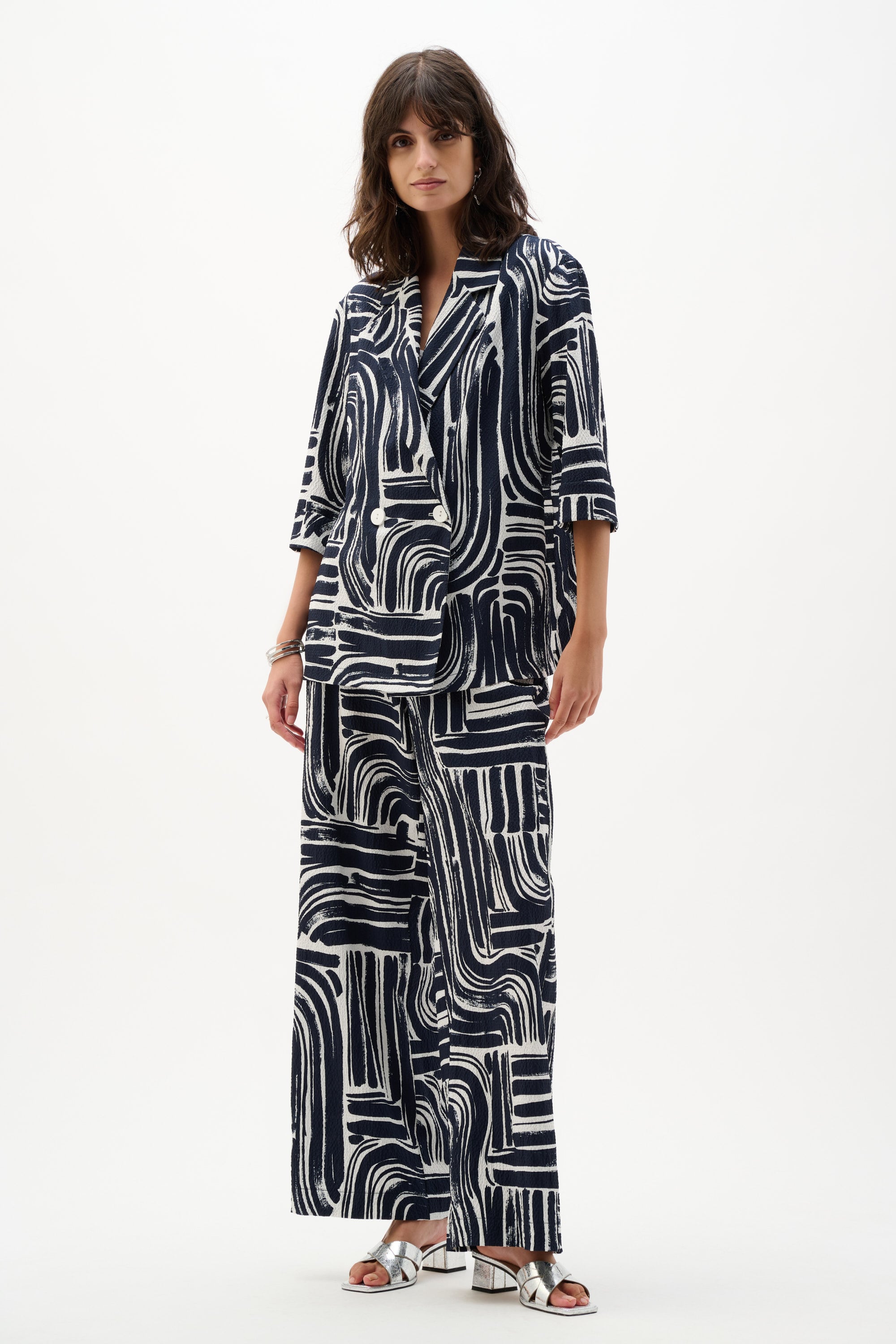 Seersucker Abstract Print Double-Breasted Blazer
