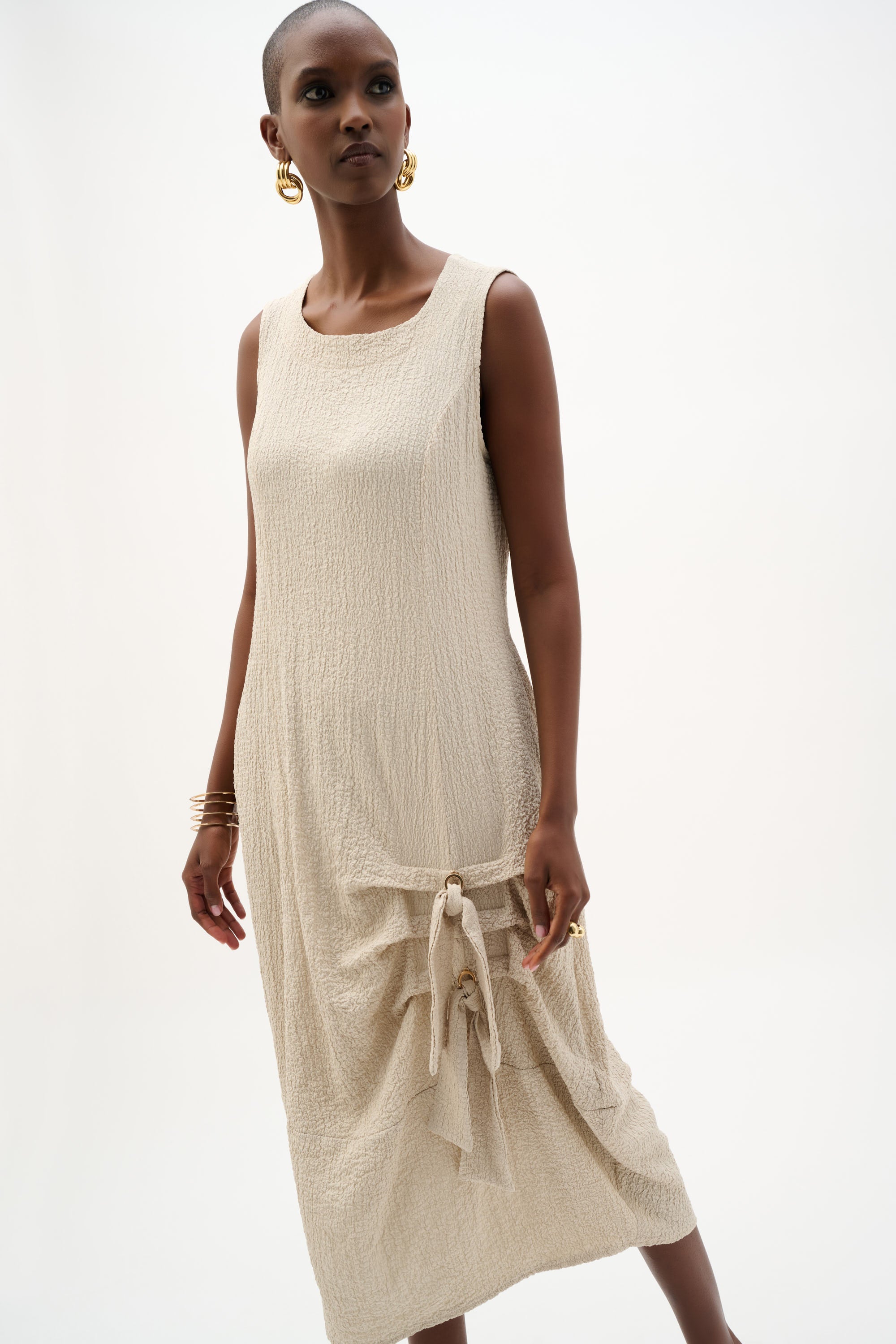 Seersucker Cocoon Dress With Ring And Tie Detail