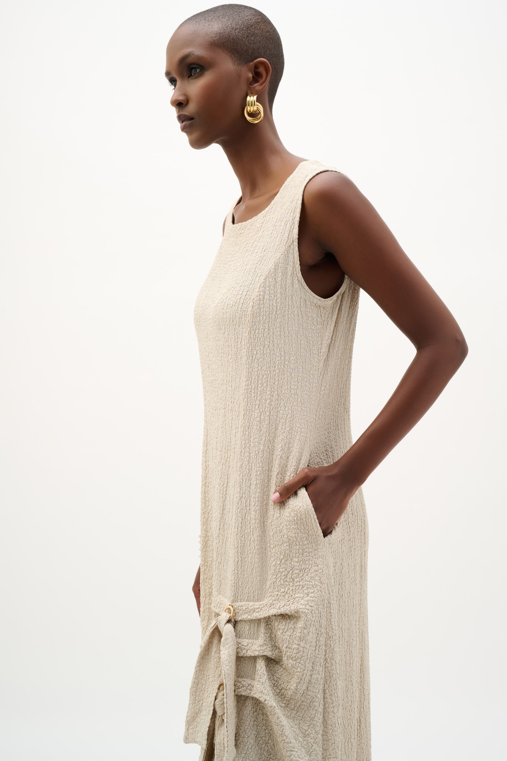Seersucker Cocoon Dress With Ring And Tie Detail