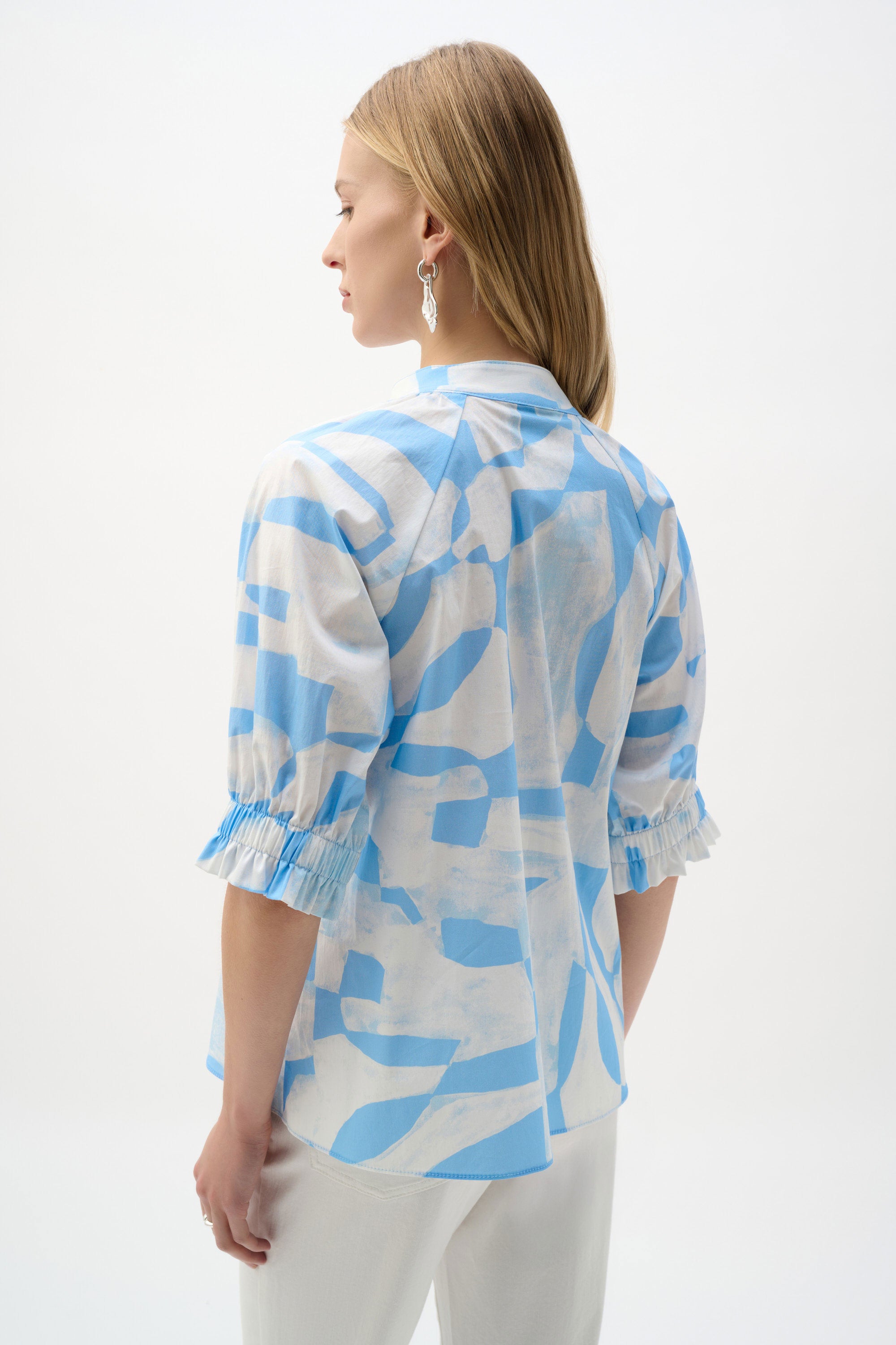 Joseph Ribkoff Stretch Cotton Geometric Print Straight Top With Puff Sleeves-262199