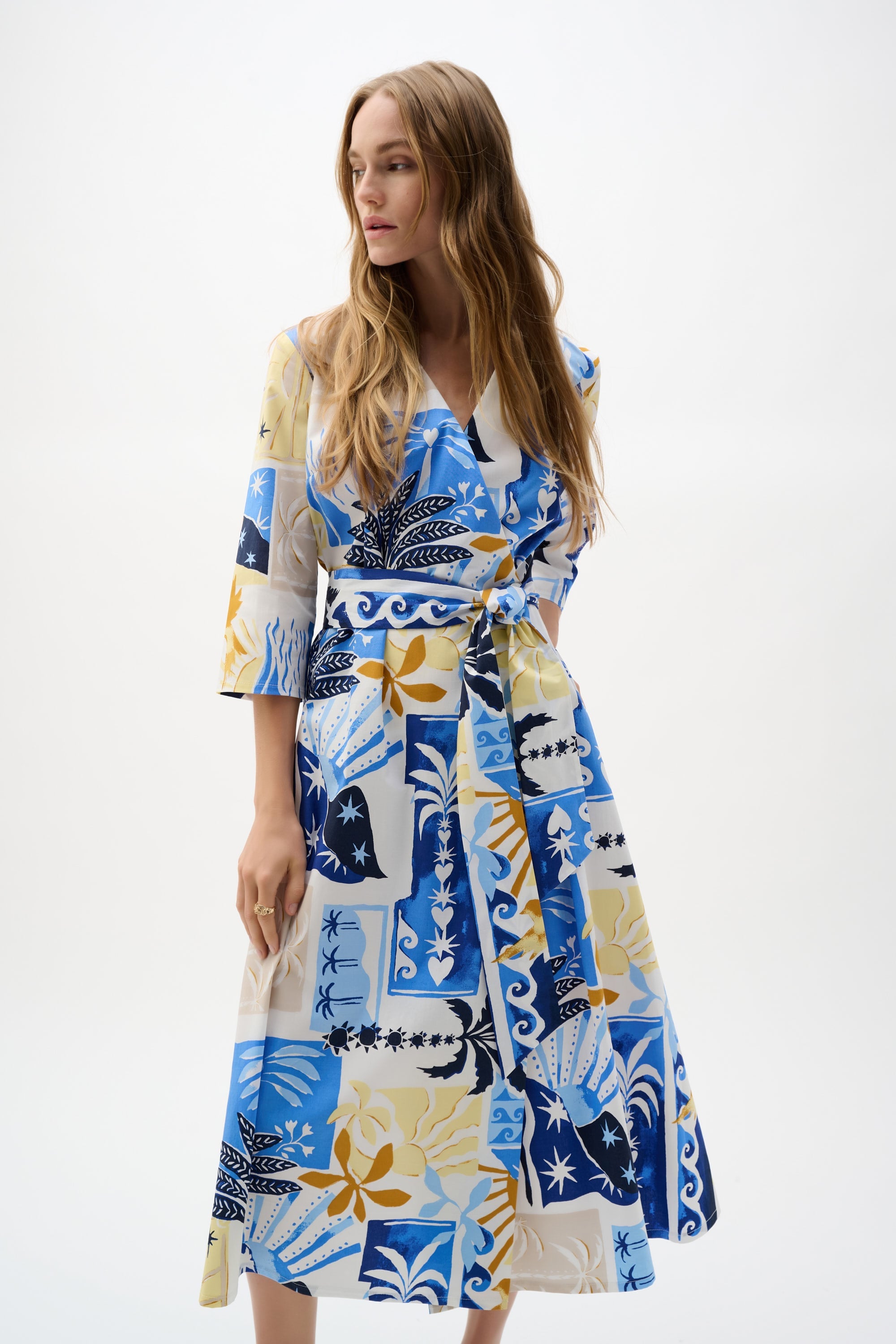 Stretch Cotton Tropical Print A-Line Wrap Dress