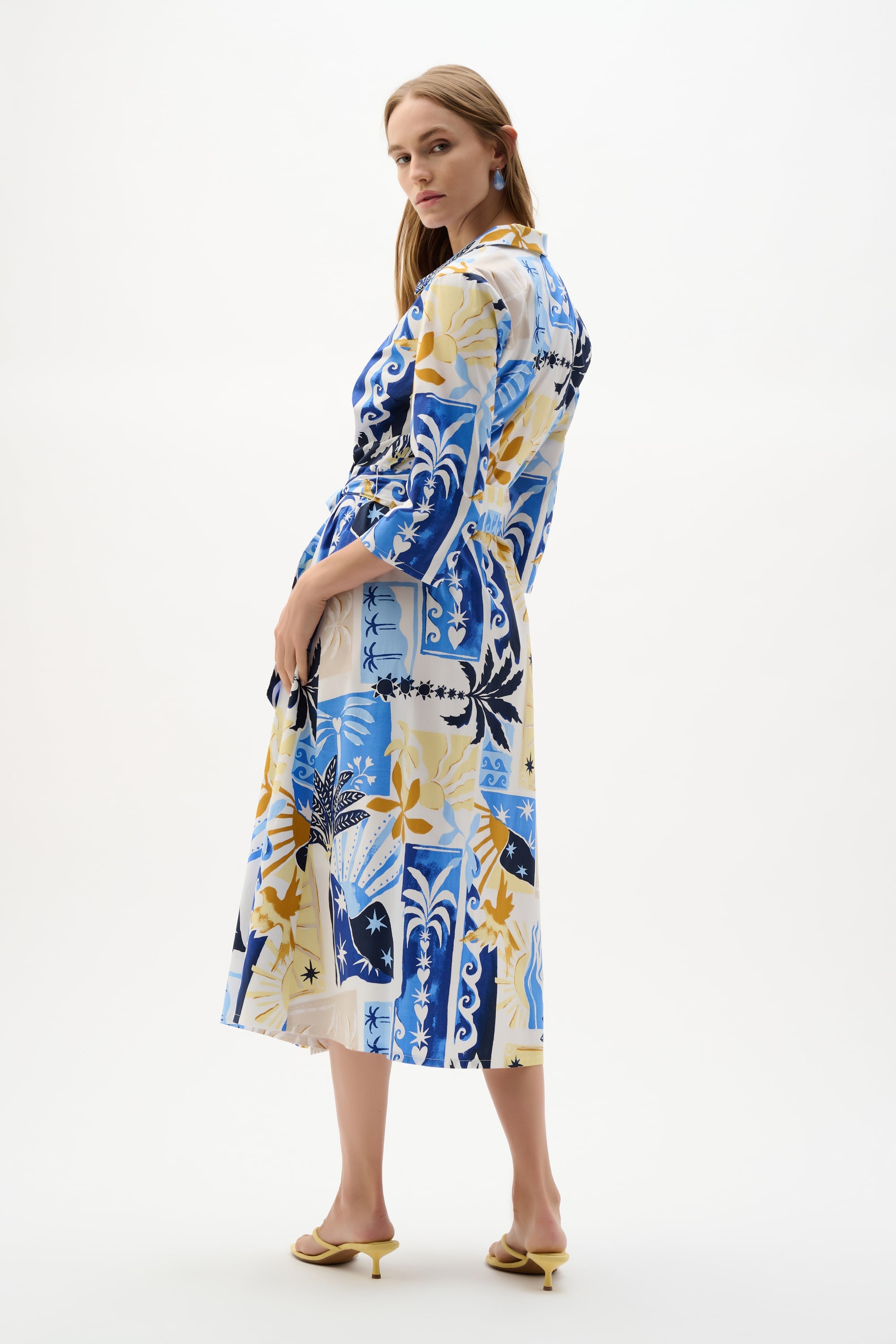 Stretch Cotton Tropical Print A-Line Wrap Dress