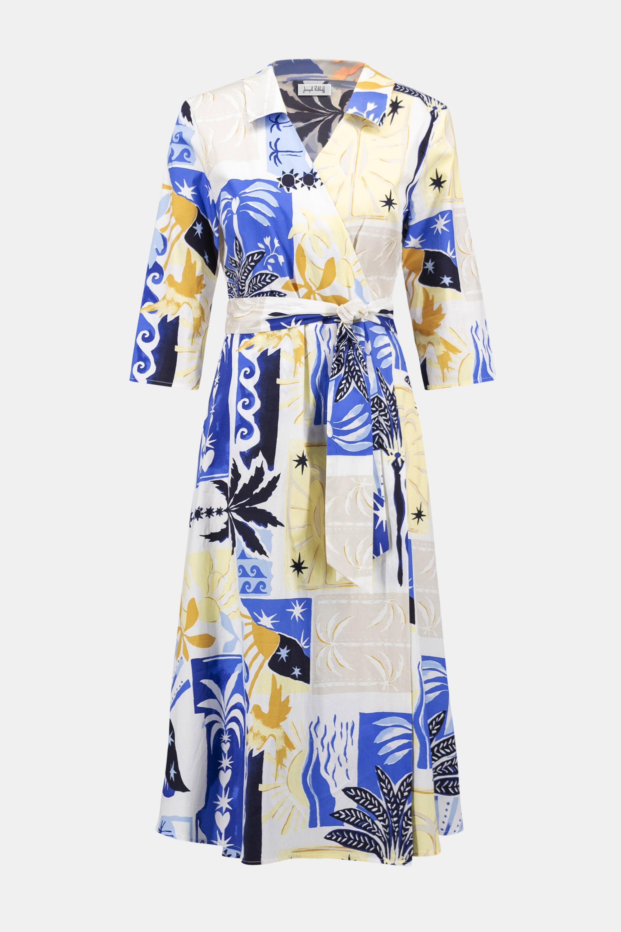 Stretch Cotton Tropical Print A-Line Wrap Dress