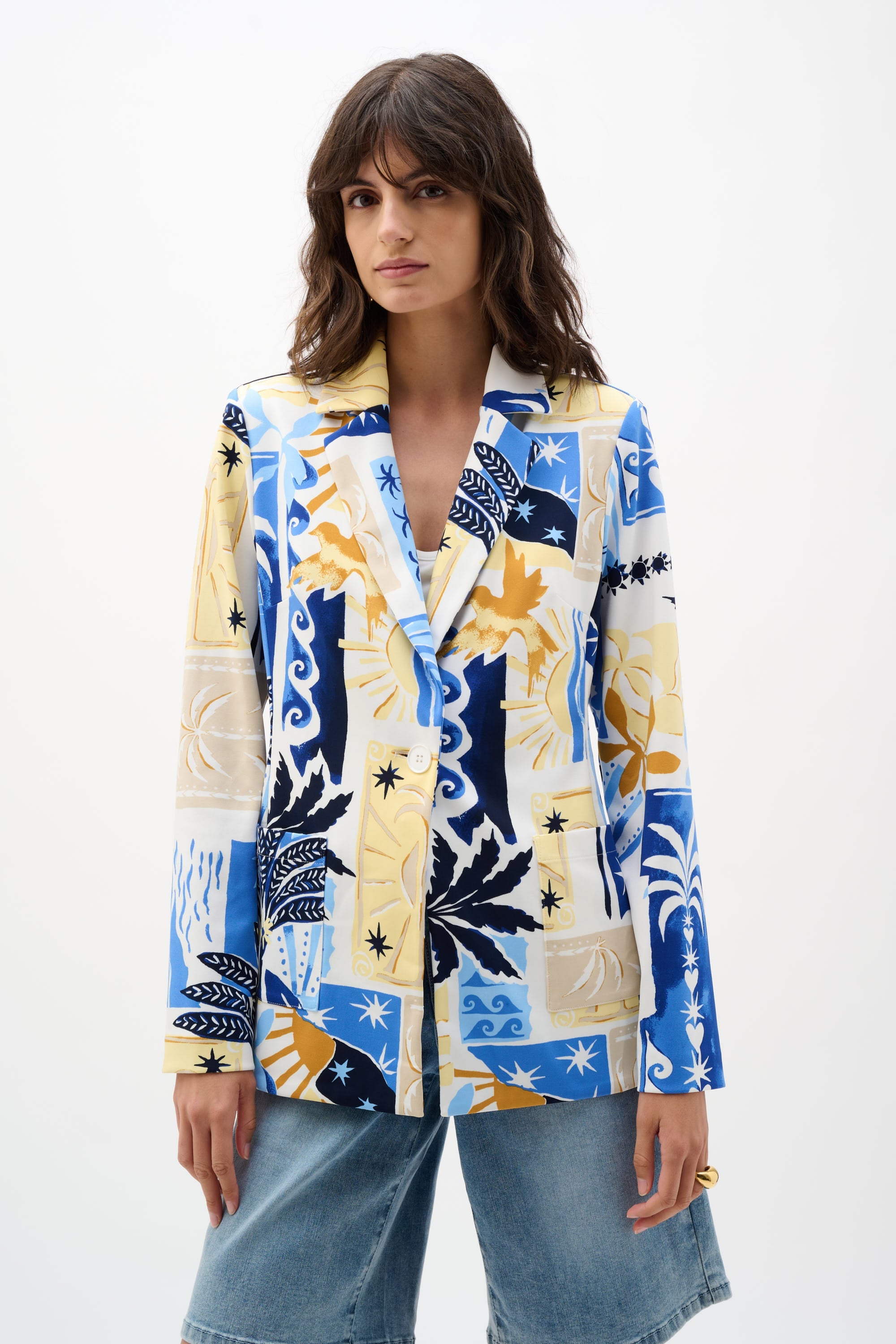 Silky Knit Tropical Print Fitted Blazer
