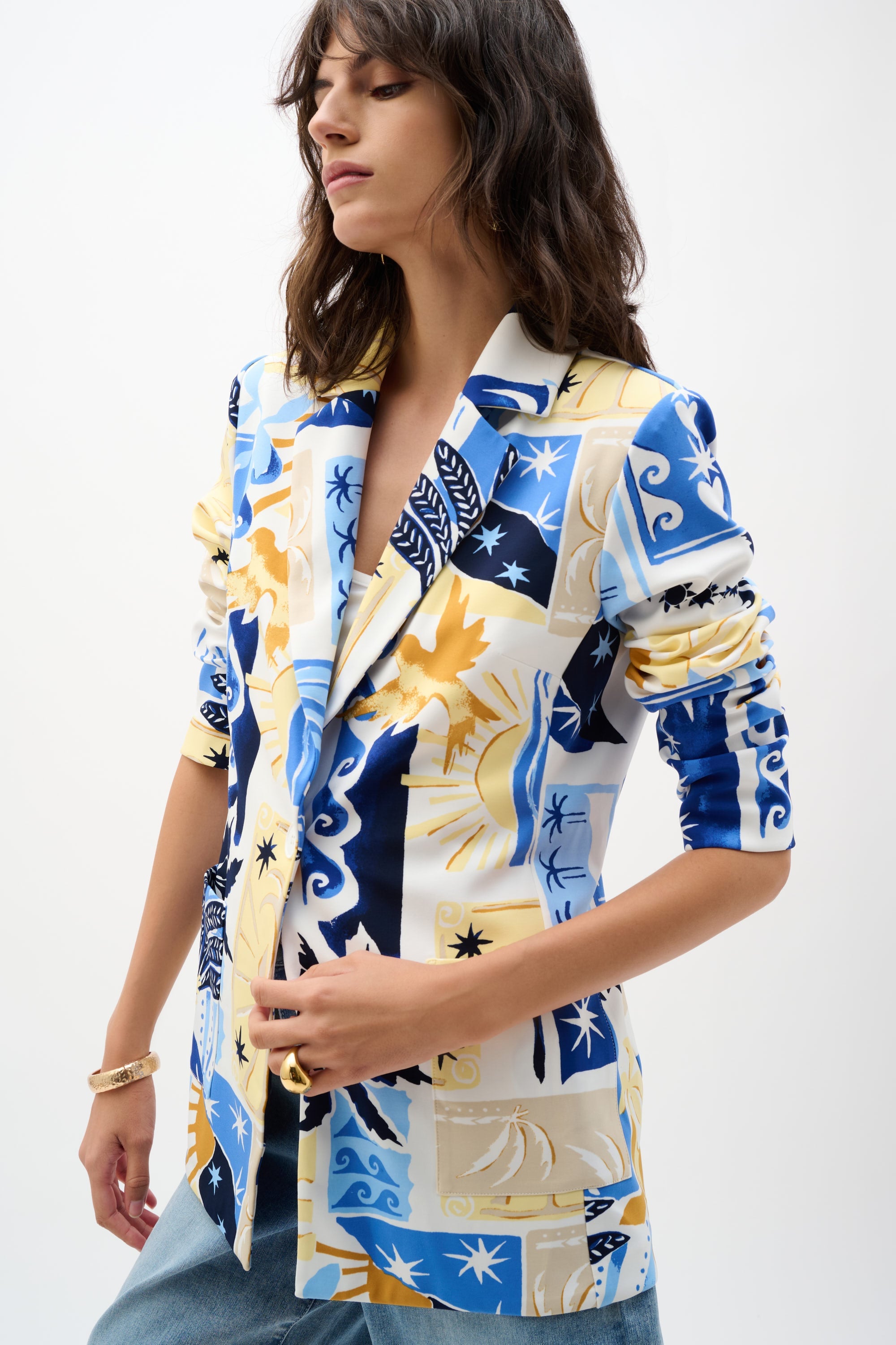 Silky Knit Tropical Print Fitted Blazer