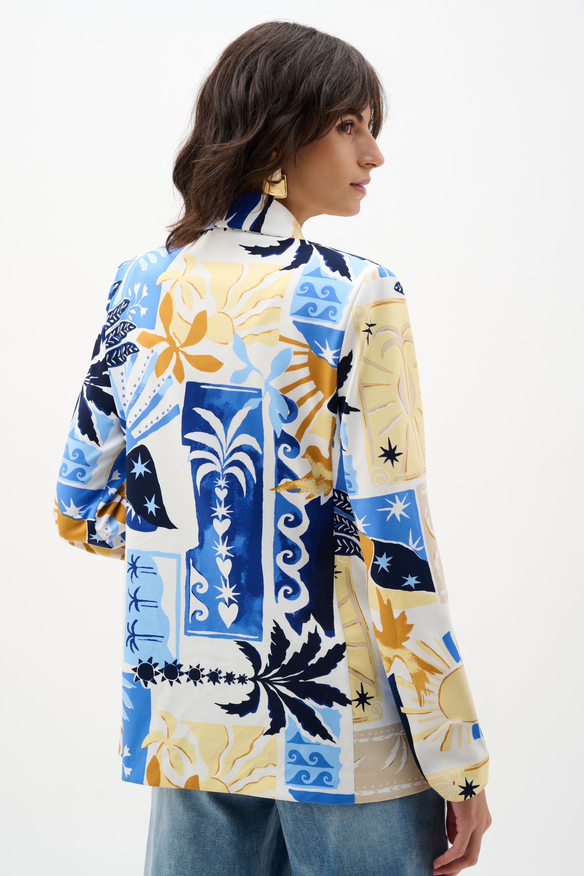 Silky Knit Tropical Print Fitted Blazer