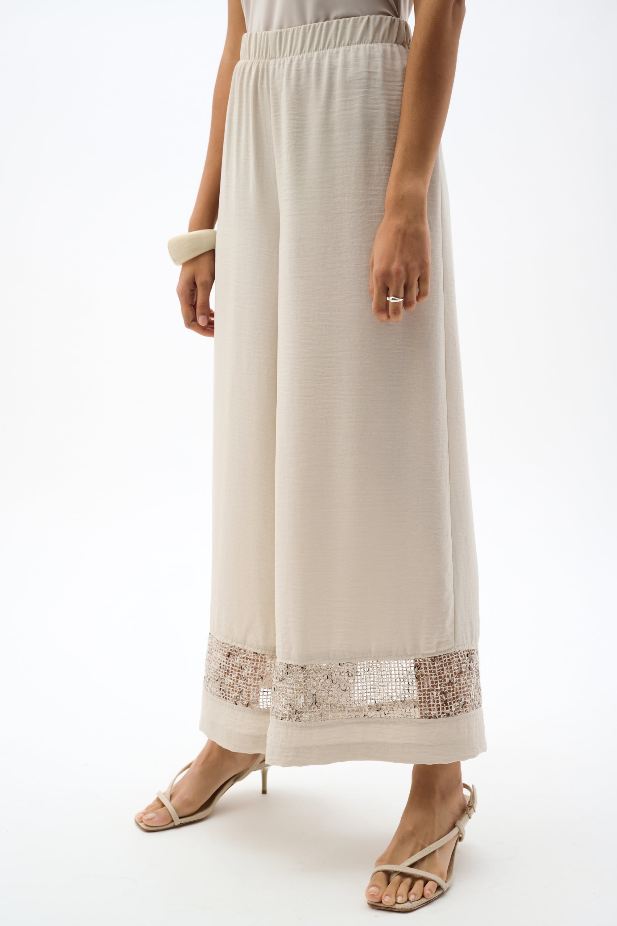Gauze Pull-On Culotte Pants With Sequined Mesh Inserts
