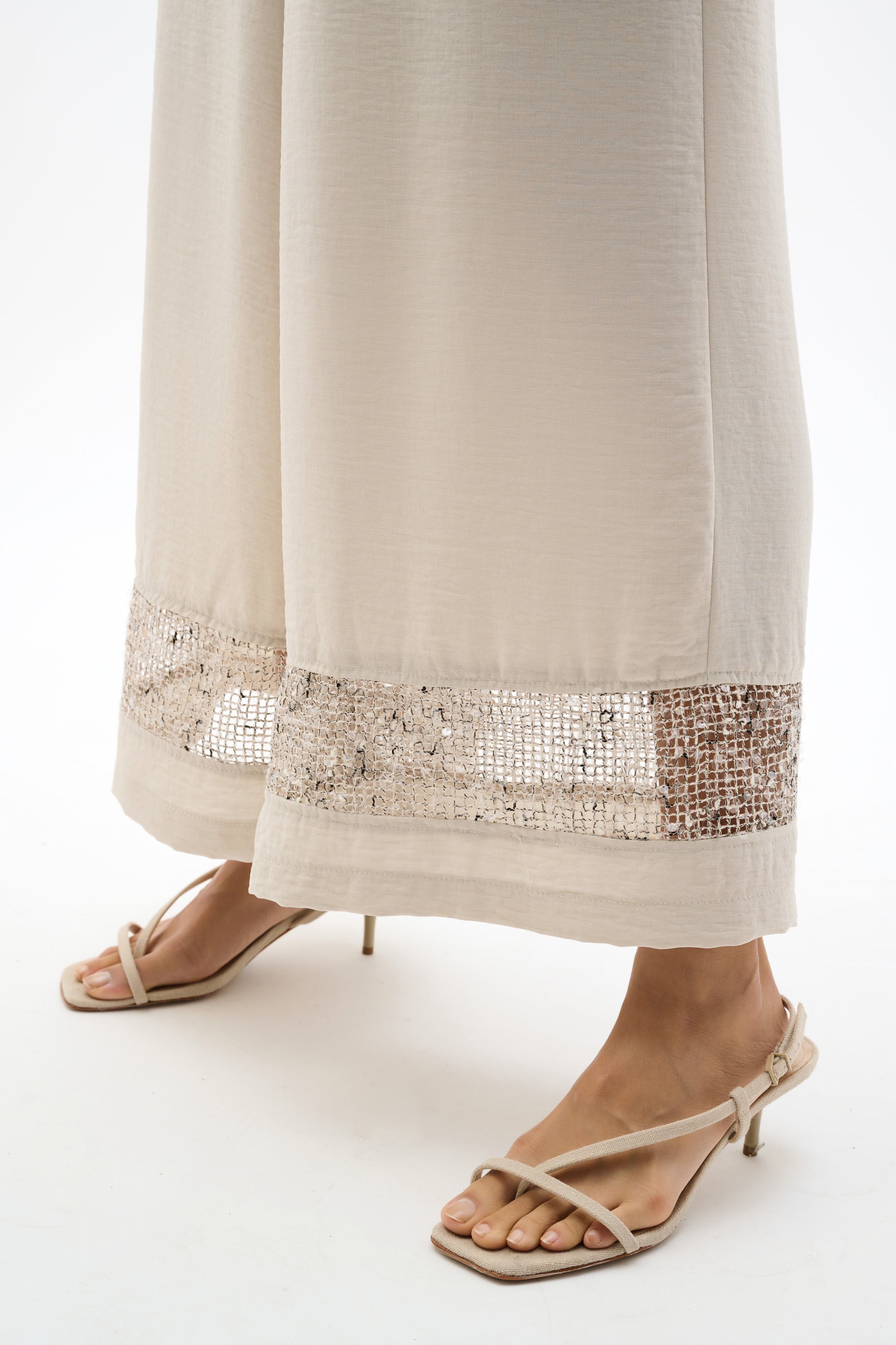 Gauze Pull-On Culotte Pants With Sequined Mesh Inserts