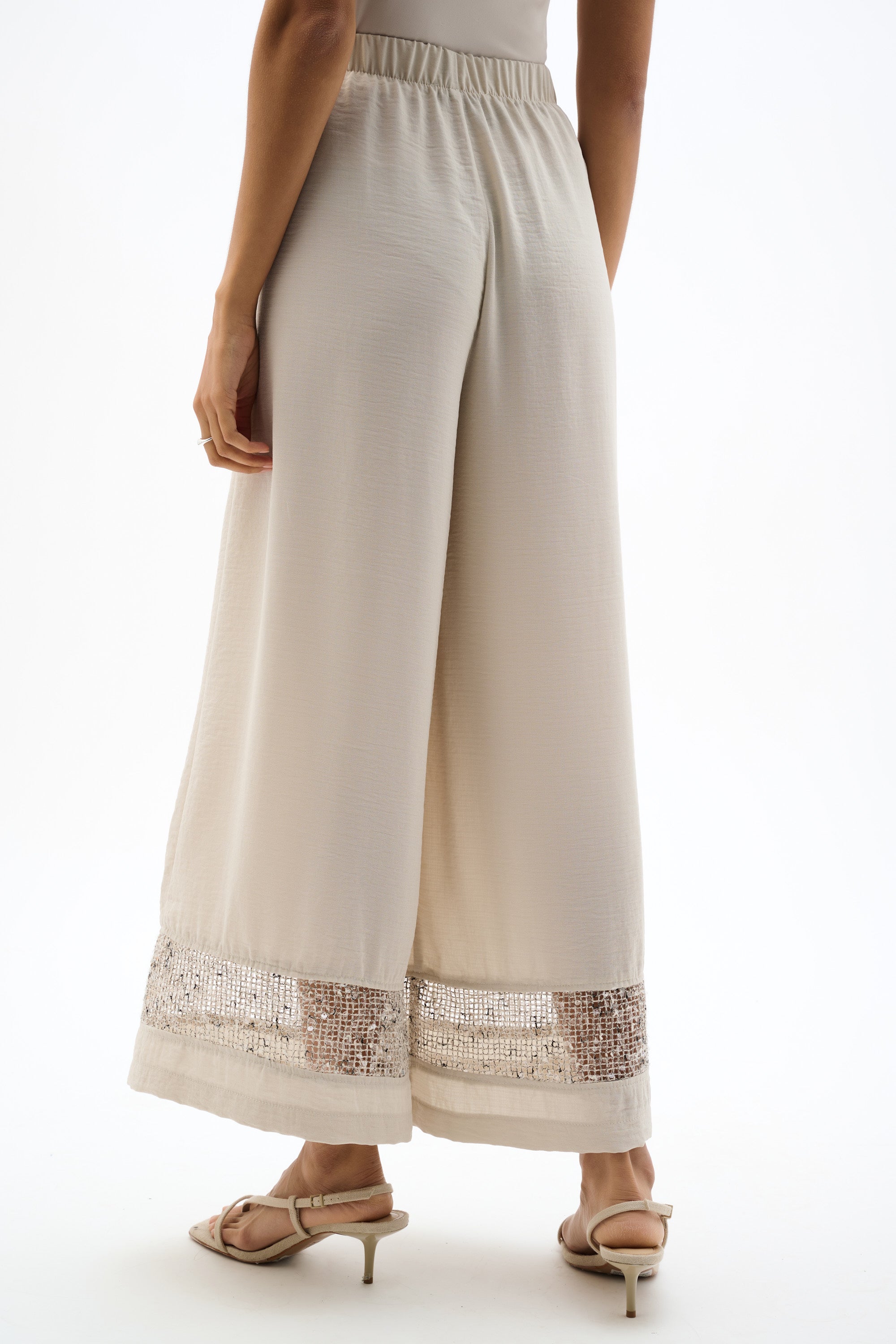 Gauze Pull-On Culotte Pants With Sequined Mesh Inserts