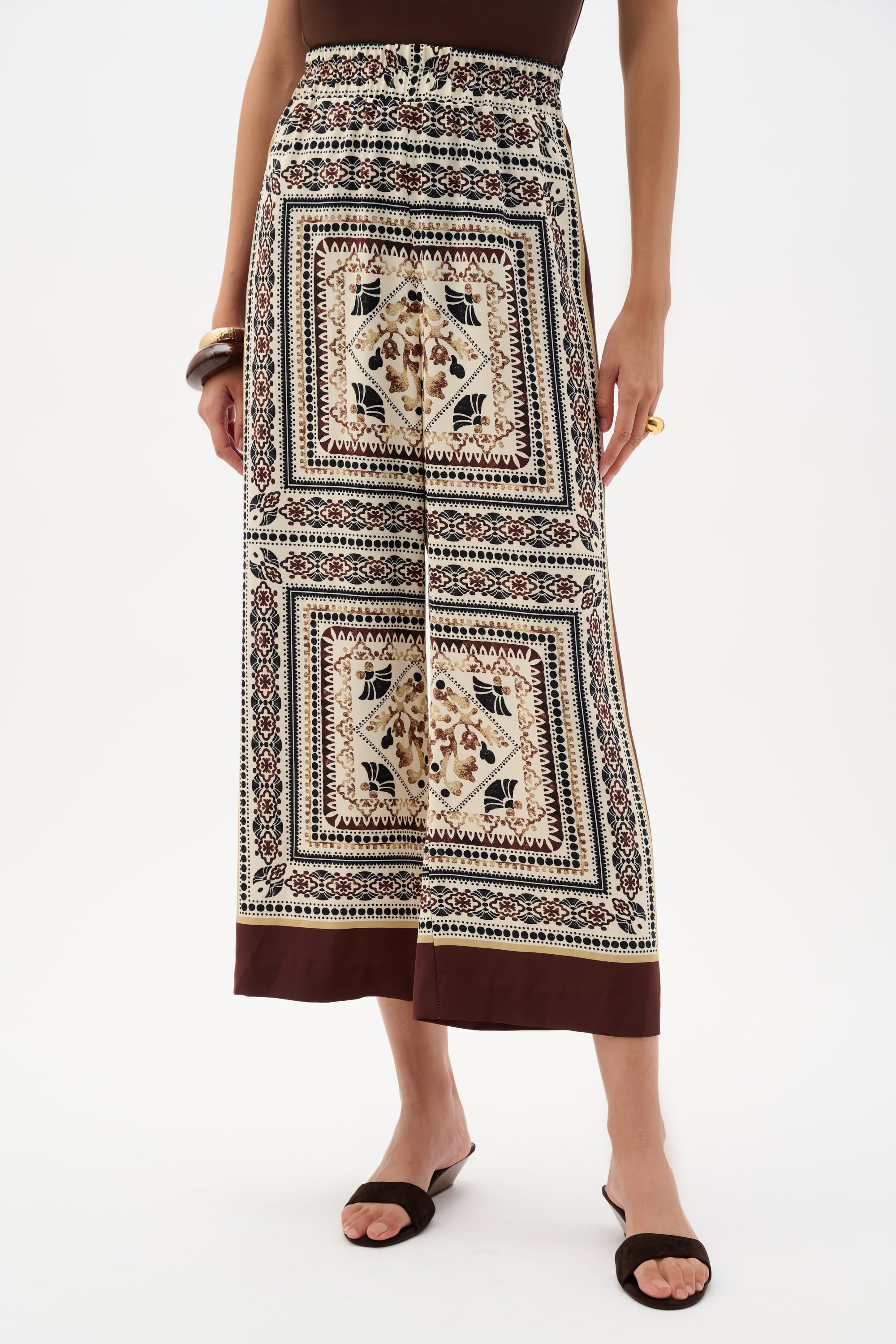 Scarf Print Wide-Leg Pull-On Pants