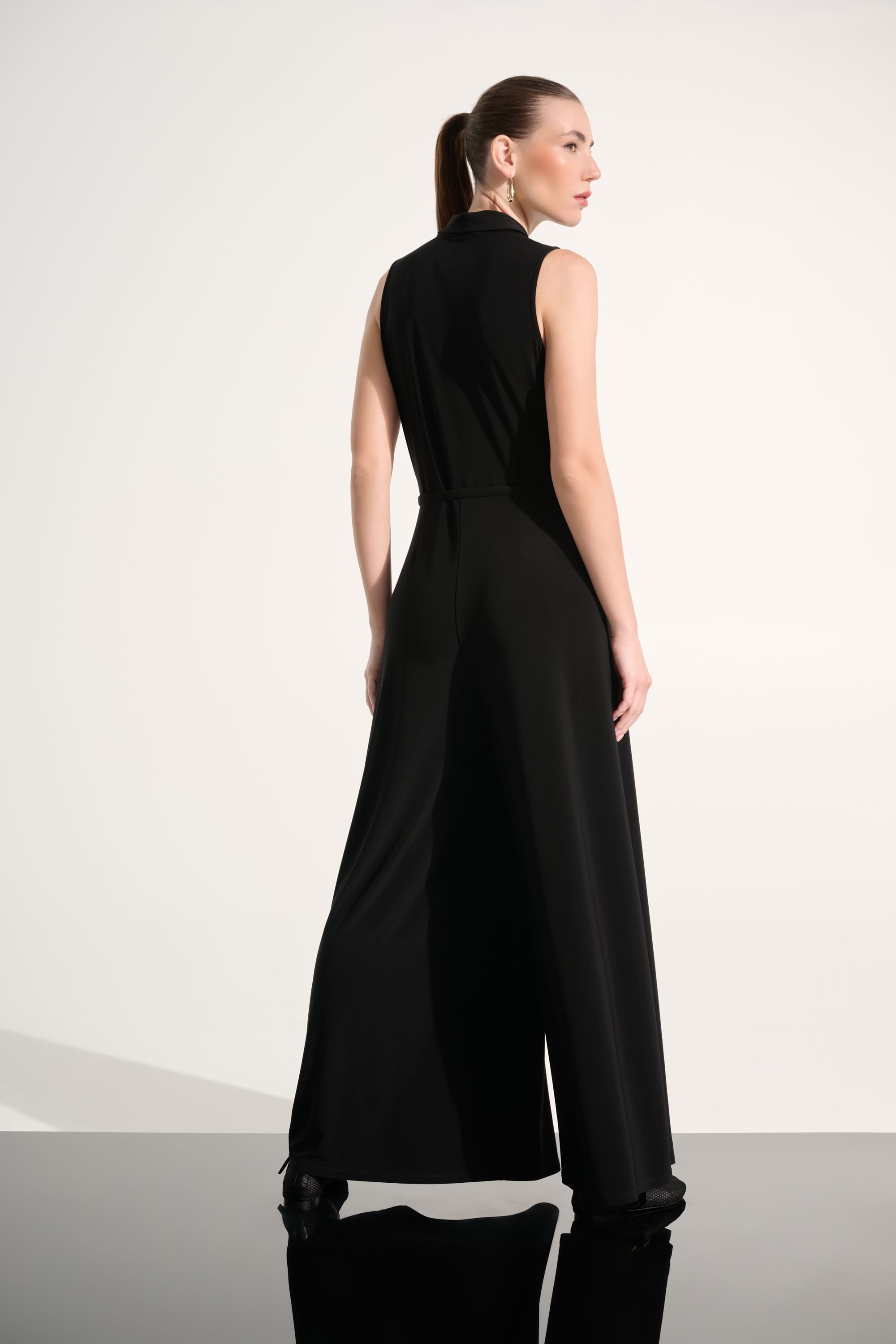 Silky Knit Wide Leg Jumpsuit With Zipped Neckline