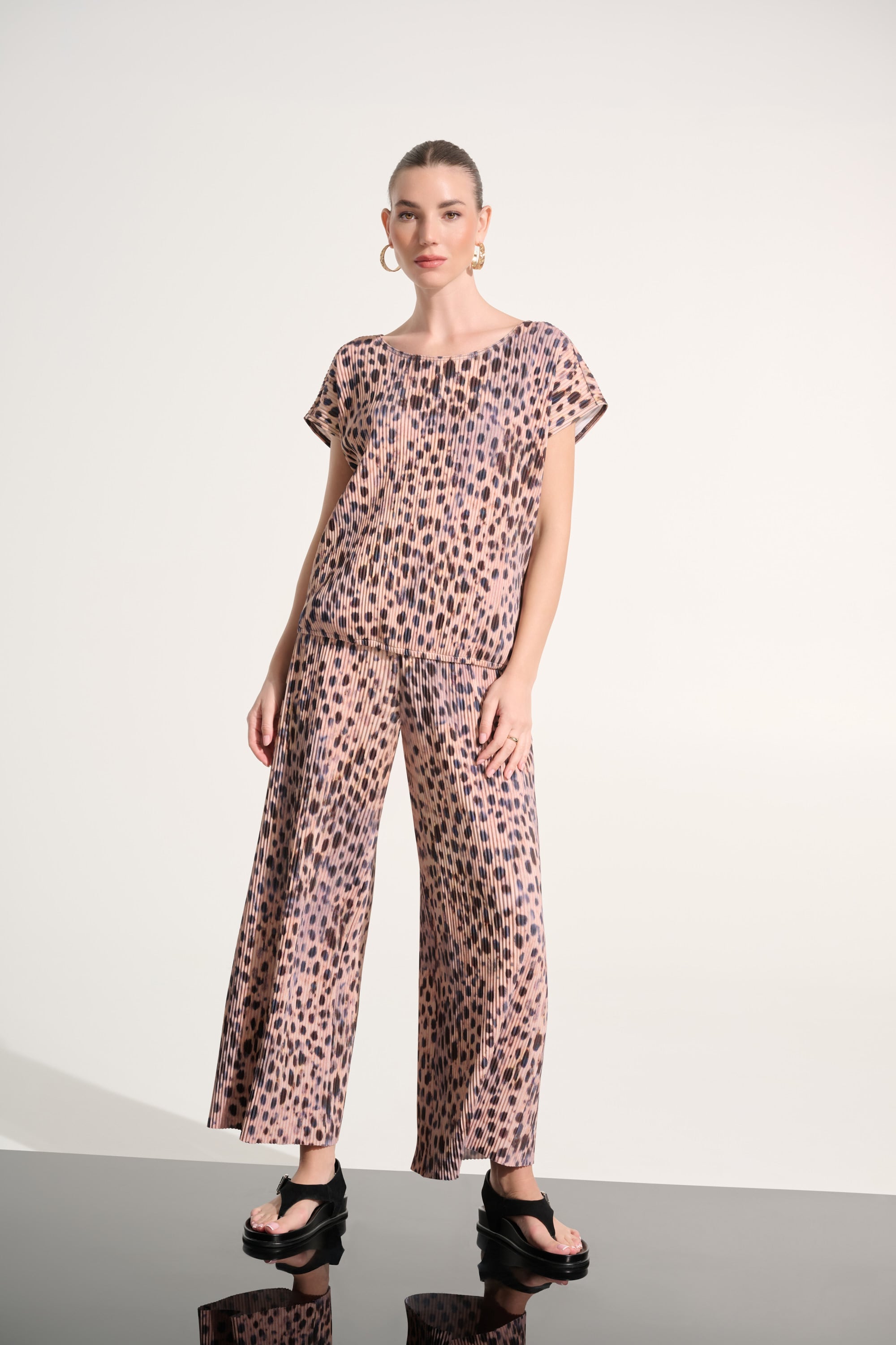Pleated Scuba Crepe Animal Print Pull-On Wide Leg Pants