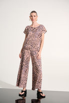 Pleated Scuba Crepe Animal Print Pull-On Wide Leg Pants