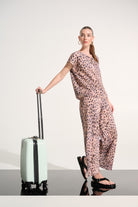 Pleated Scuba Crepe Animal Print Pull-On Wide Leg Pants