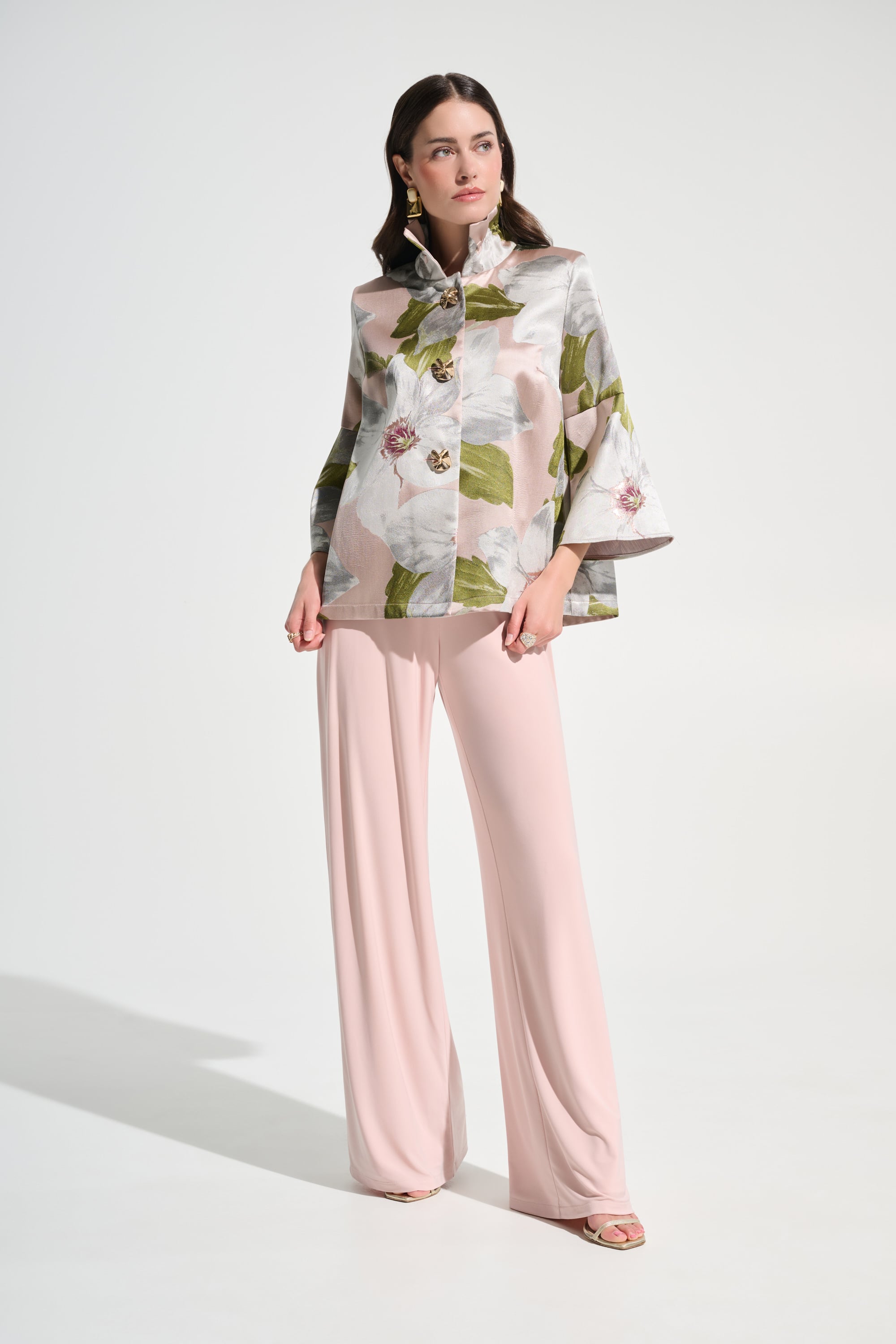 Signature | Floral Jacquard Trapeze Jacket With Bell Sleeves