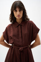 Linen Blend Fit And Flare Shirt Dress With Sash
