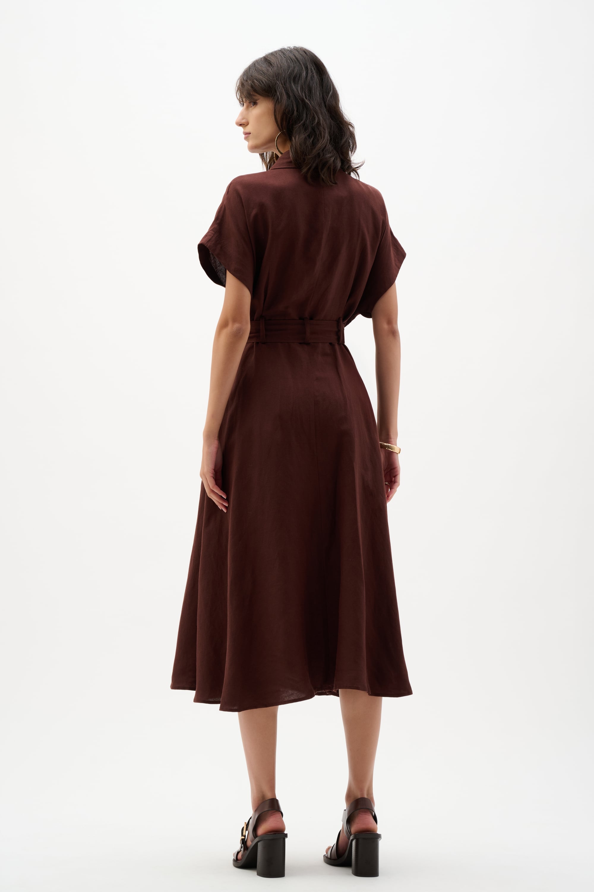 Linen Blend Fit And Flare Shirt Dress With Sash