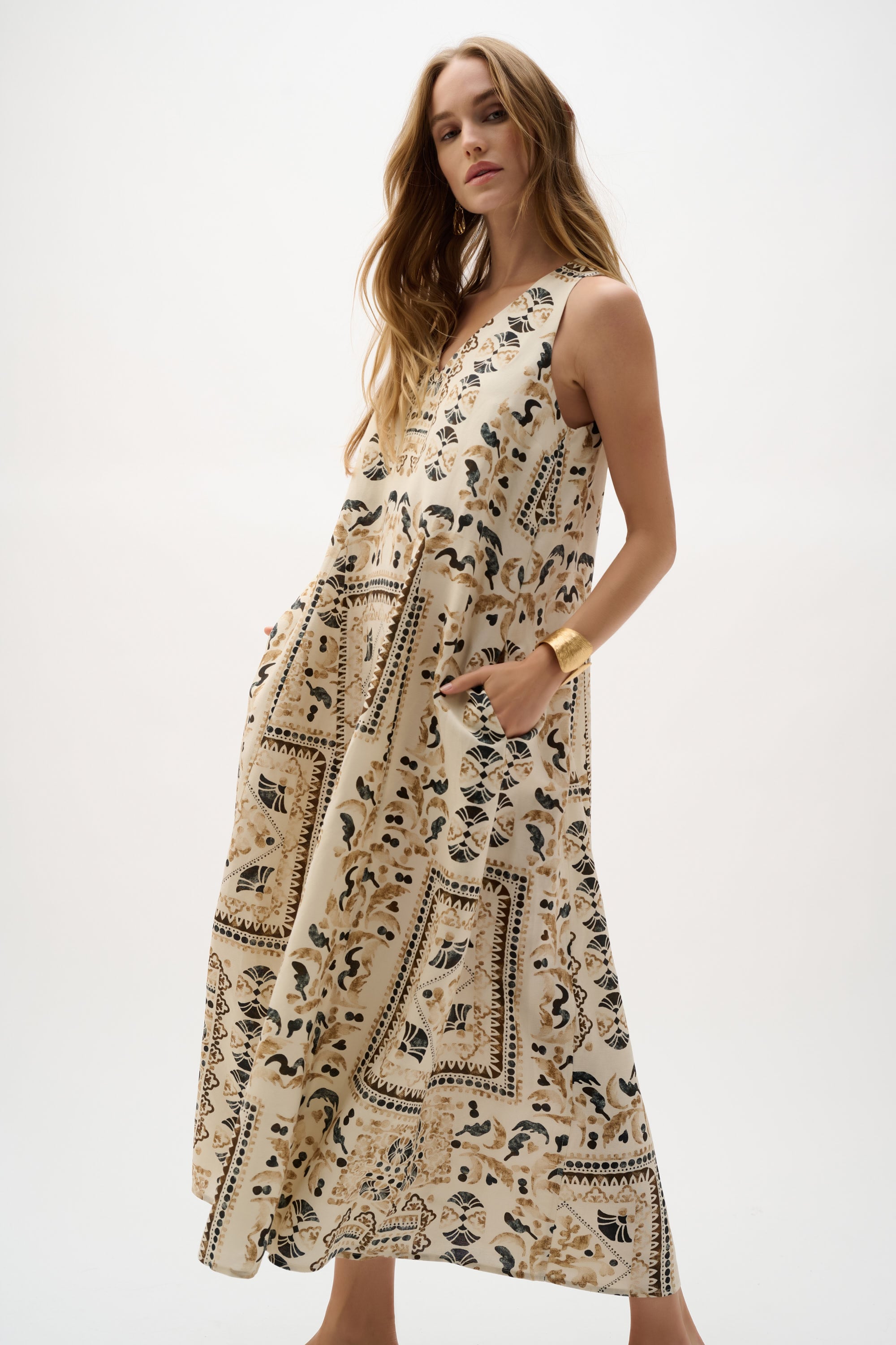Linen Blend Scarf Print A-Line Dress