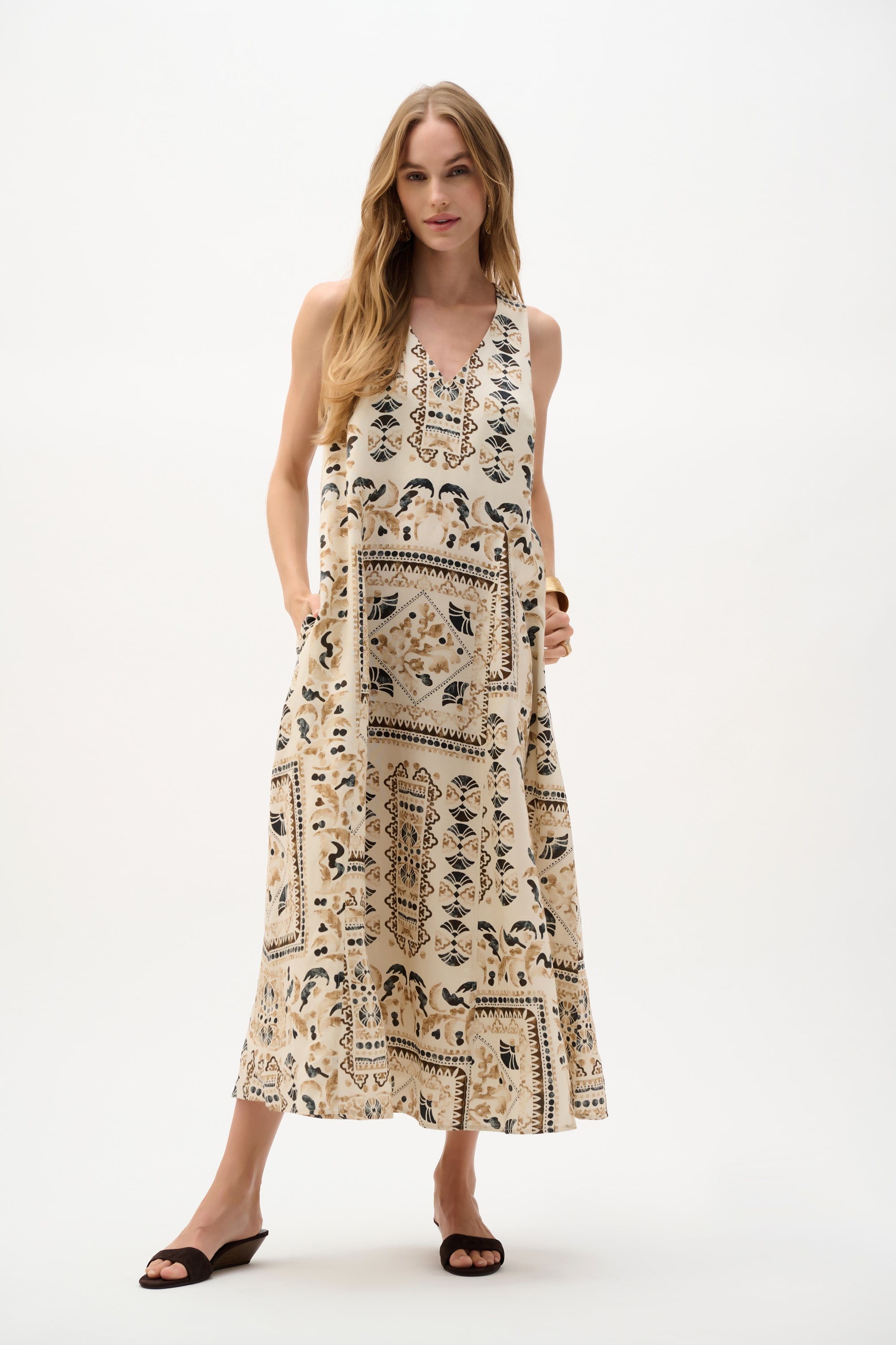 Linen Blend Scarf Print A-Line Dress