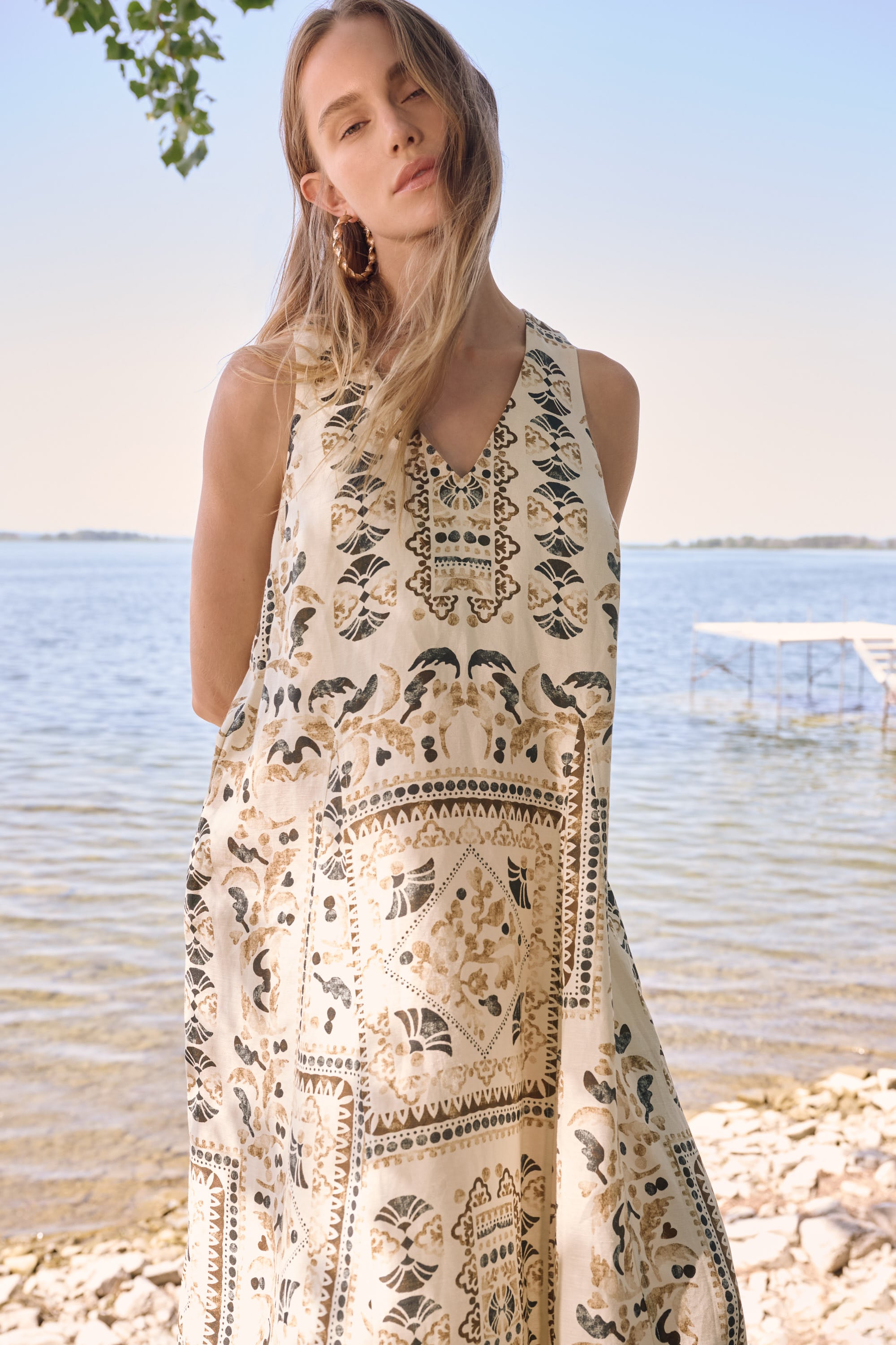 Linen Blend Scarf Print A-Line Dress