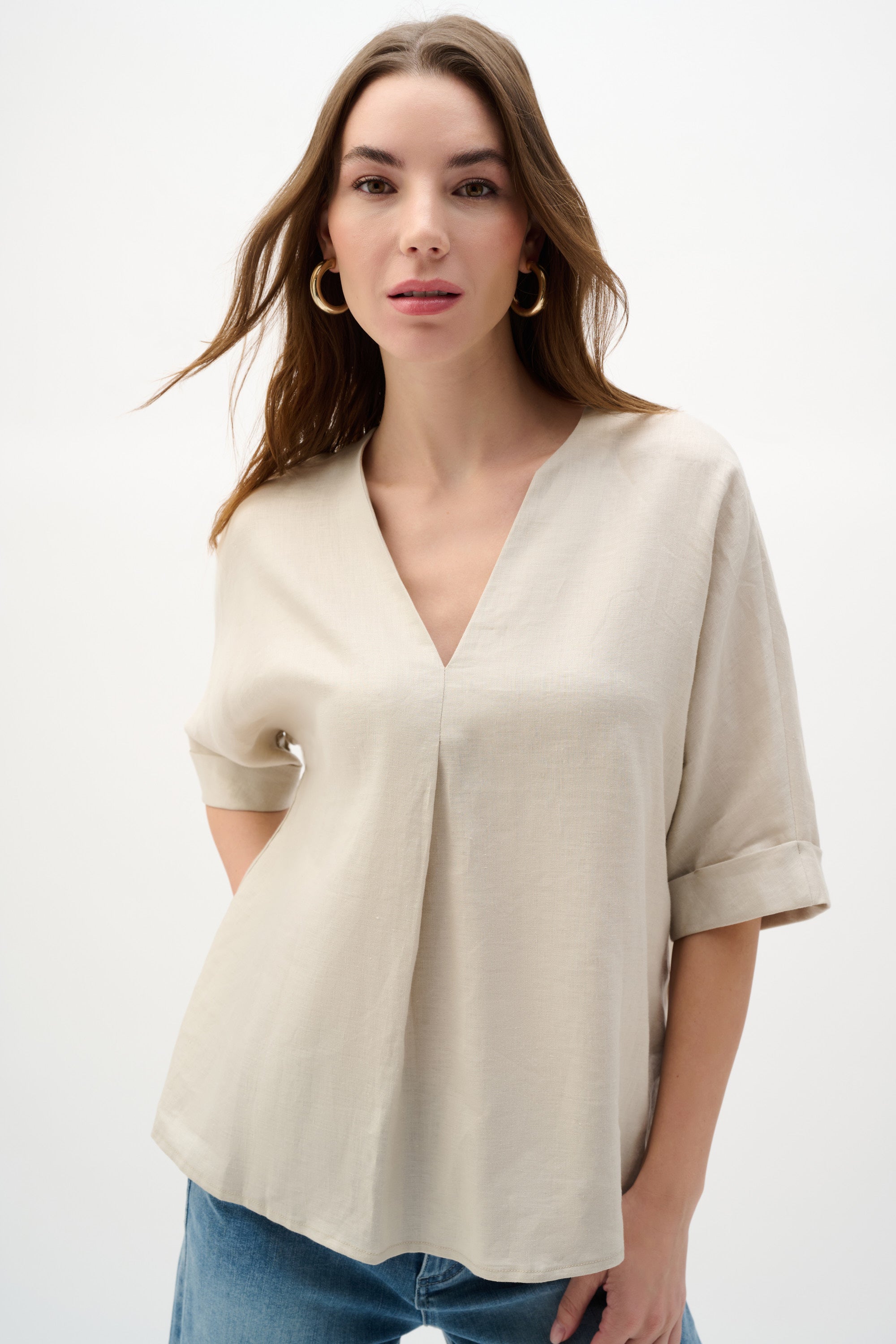 Linen Straight Top With V-notch neckline