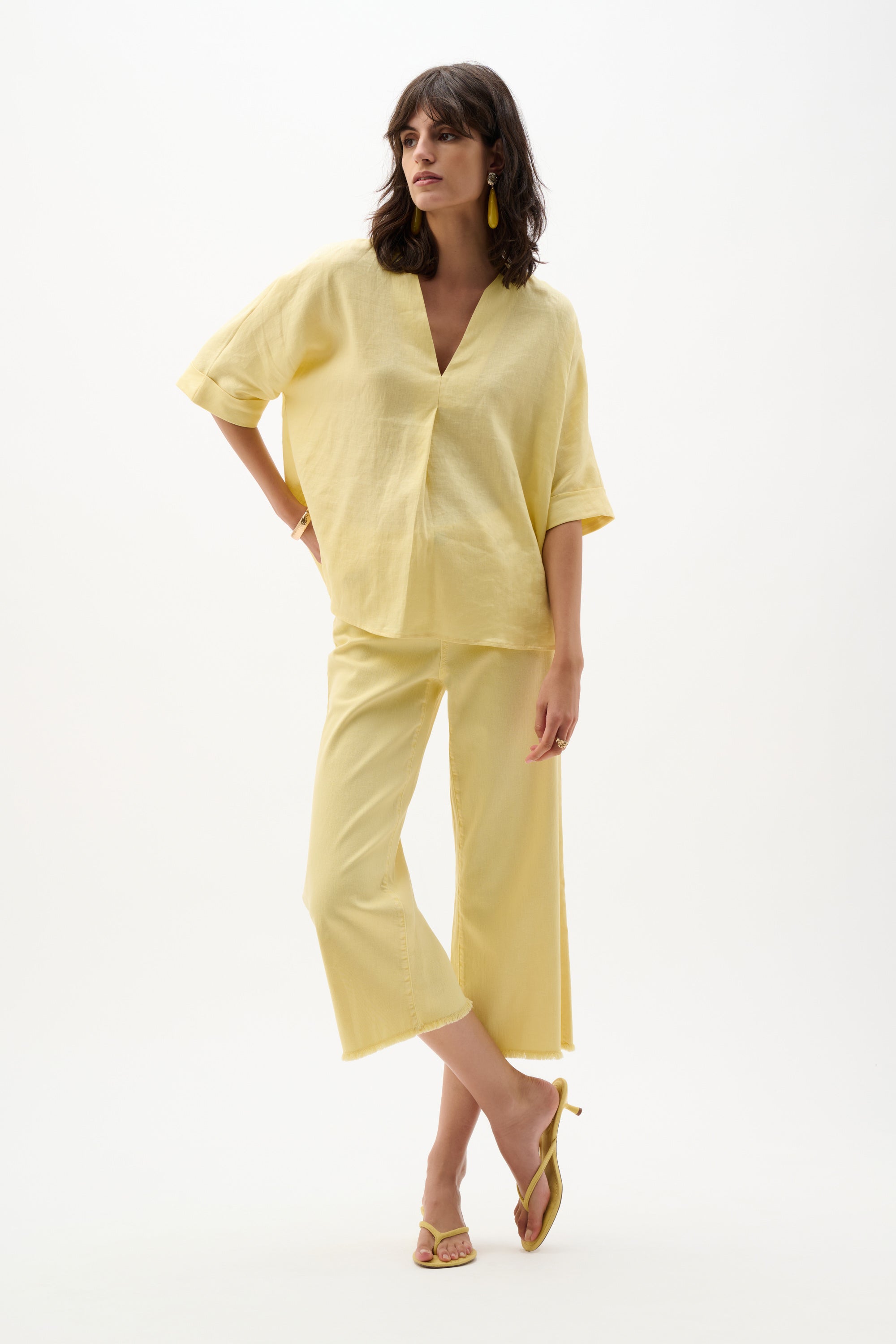 Linen Straight Top With V-notch neckline