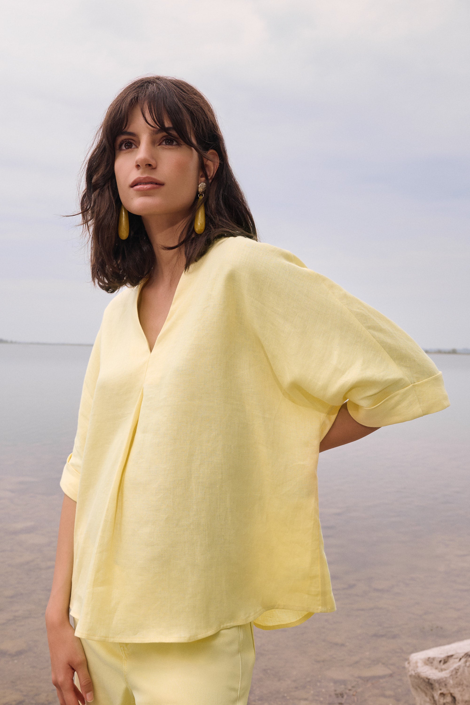 Linen Straight Top With V-notch neckline