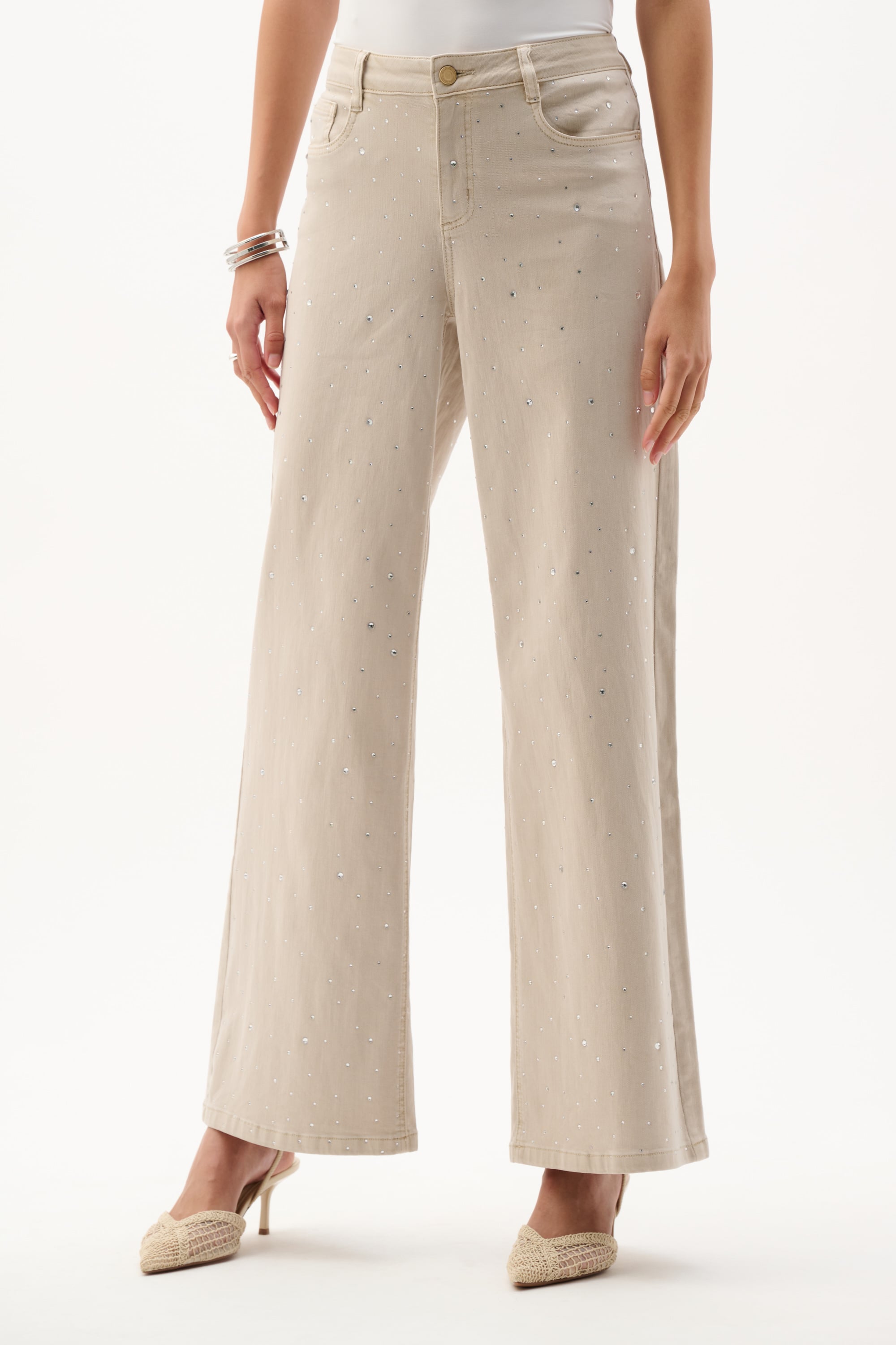 Featherweave Denim Wide Leg Jeans With Rhinestones