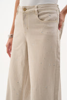 Featherweave Denim Wide Leg Jeans With Rhinestones