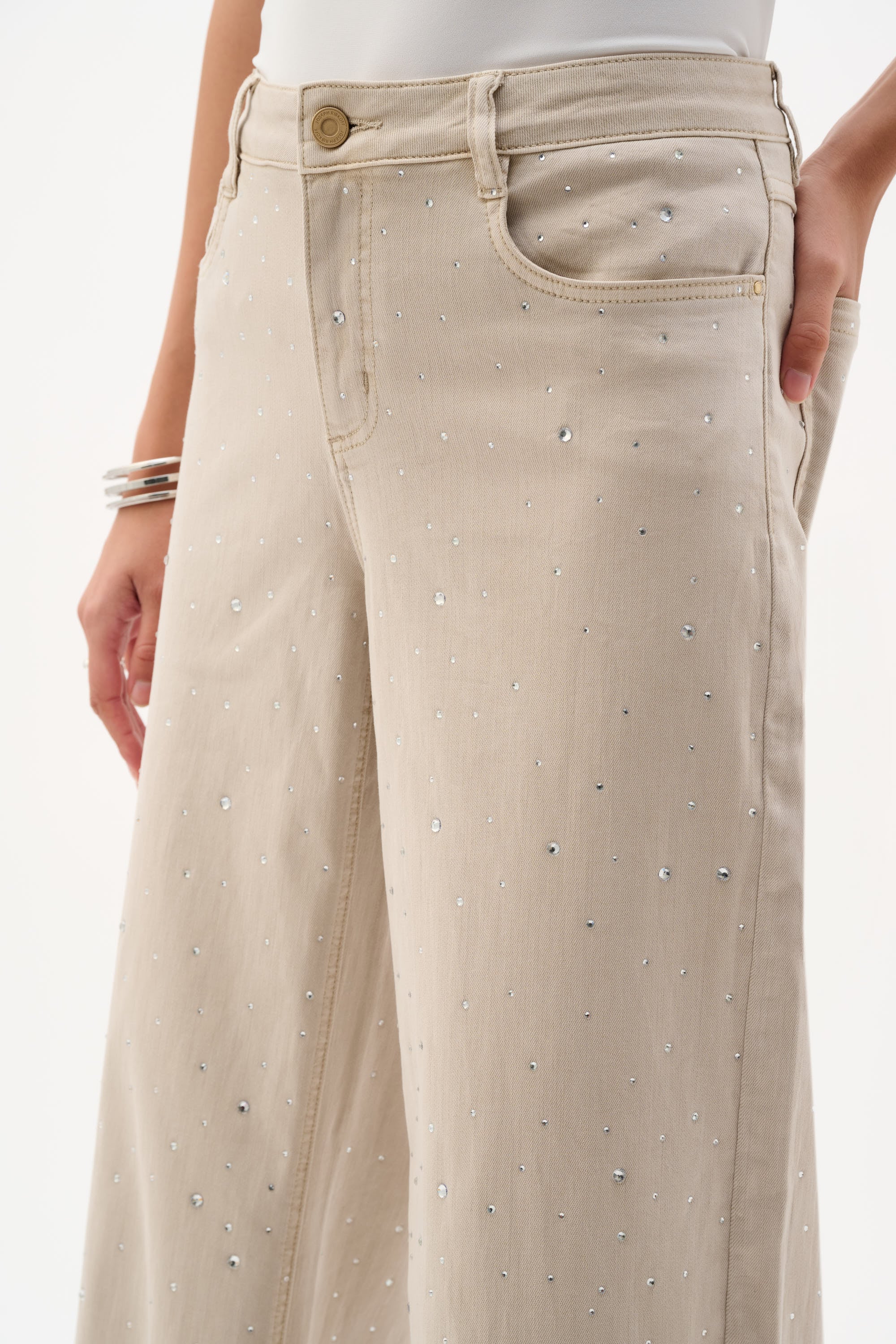 Featherweave Denim Wide Leg Jeans With Rhinestones
