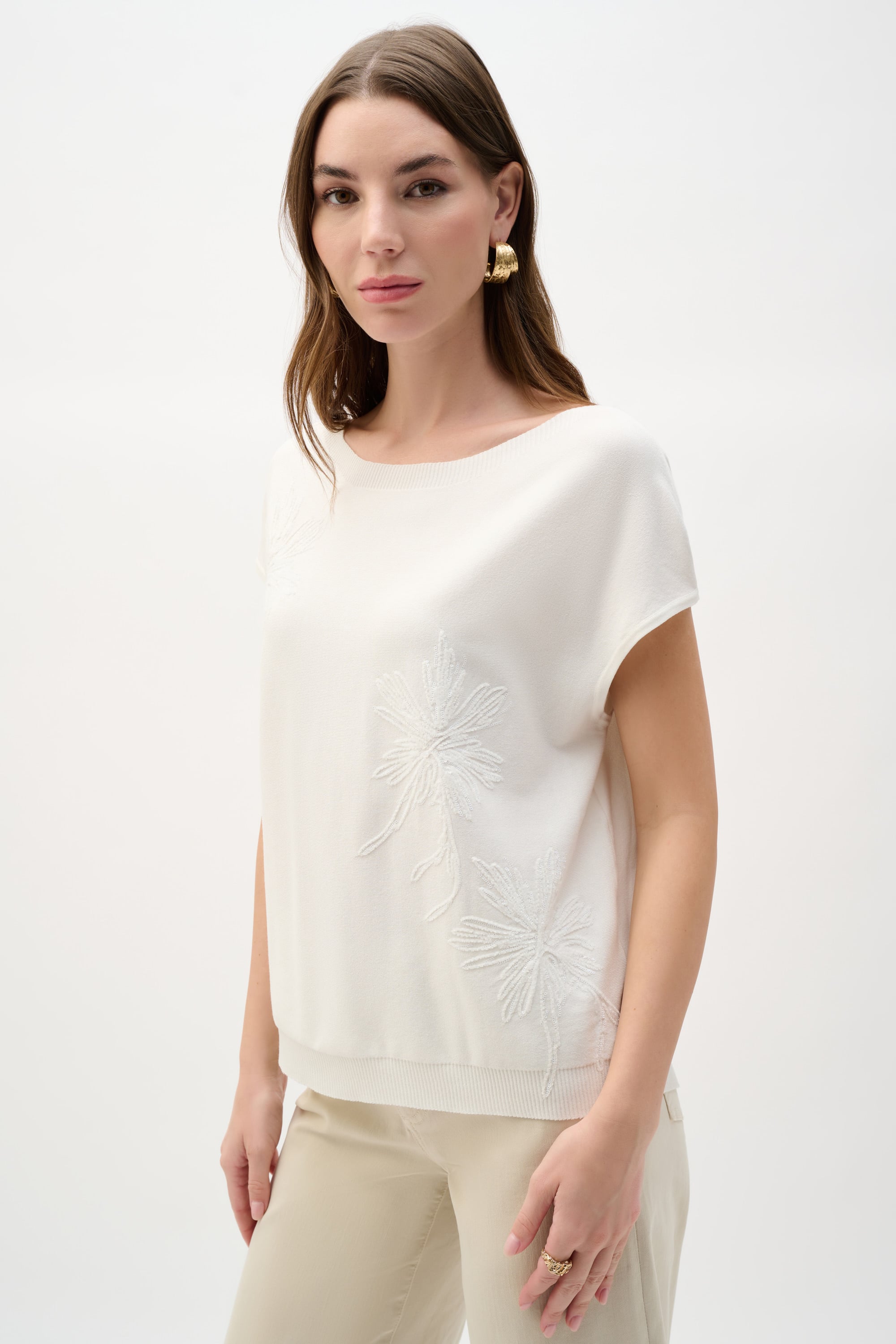 Viscose Sweater Knit Top With Embroidered Flowers