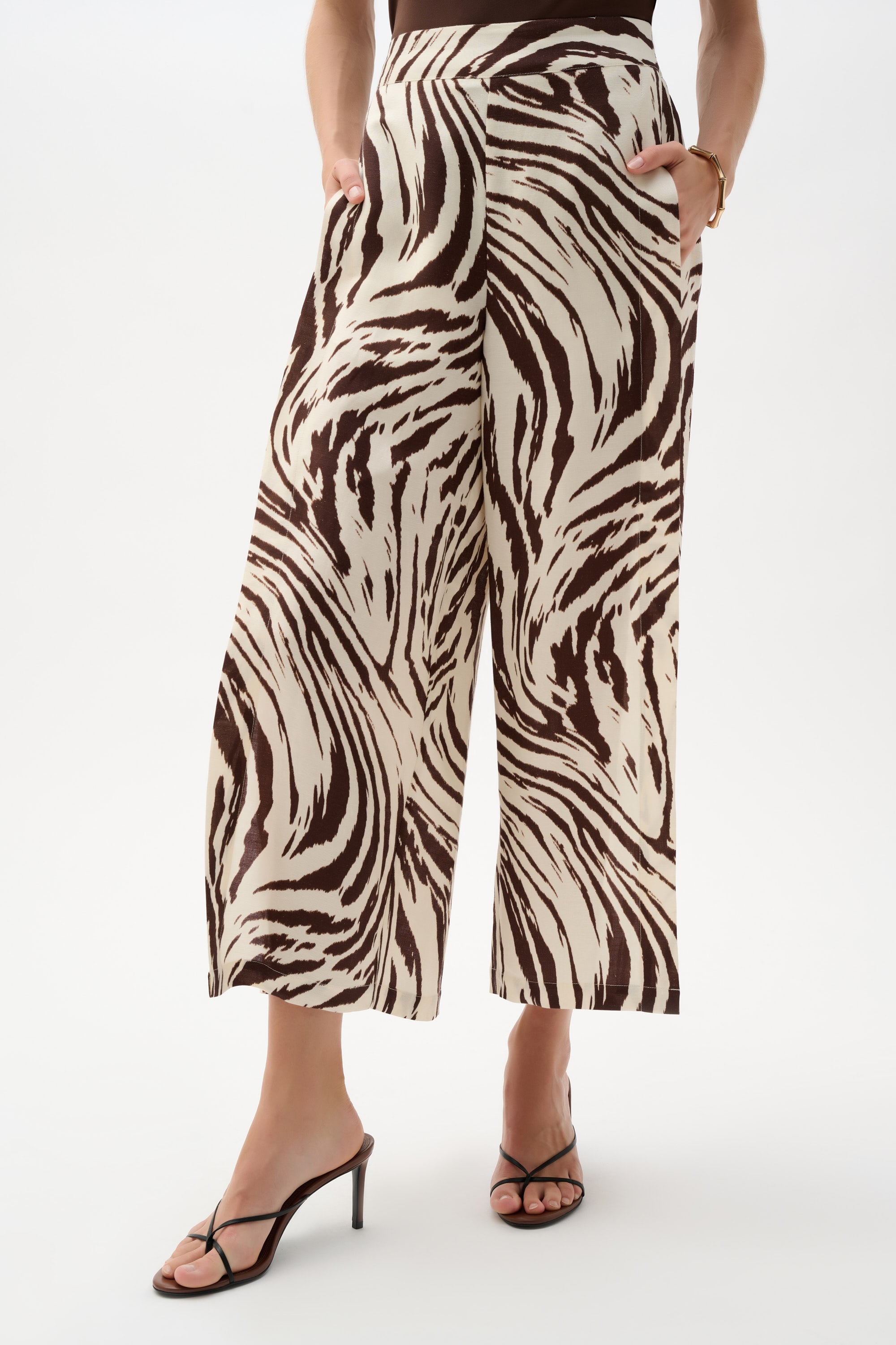 Linen Blend Animal Print Culotte Pants With Pleats