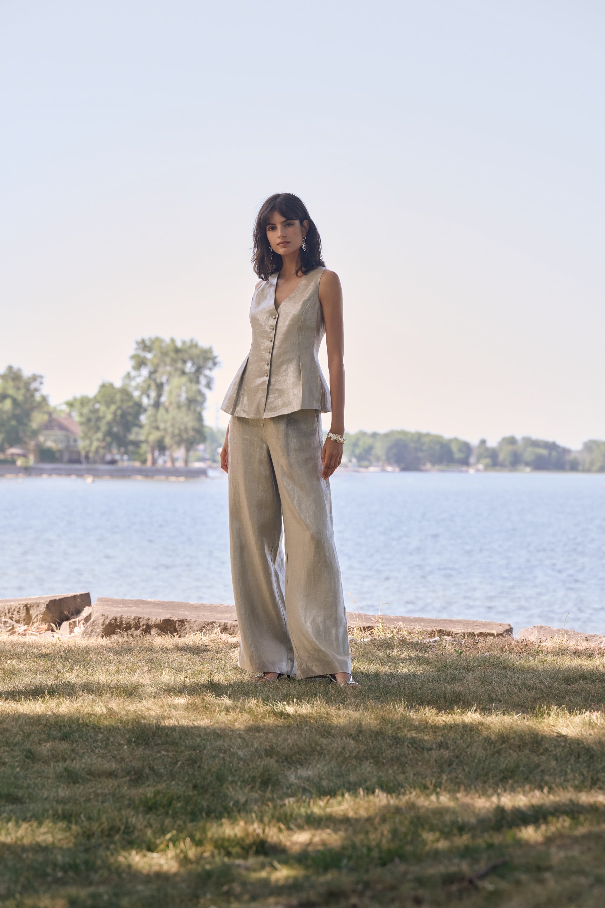 Foiled Linen Pull-On Wide Leg Pants
