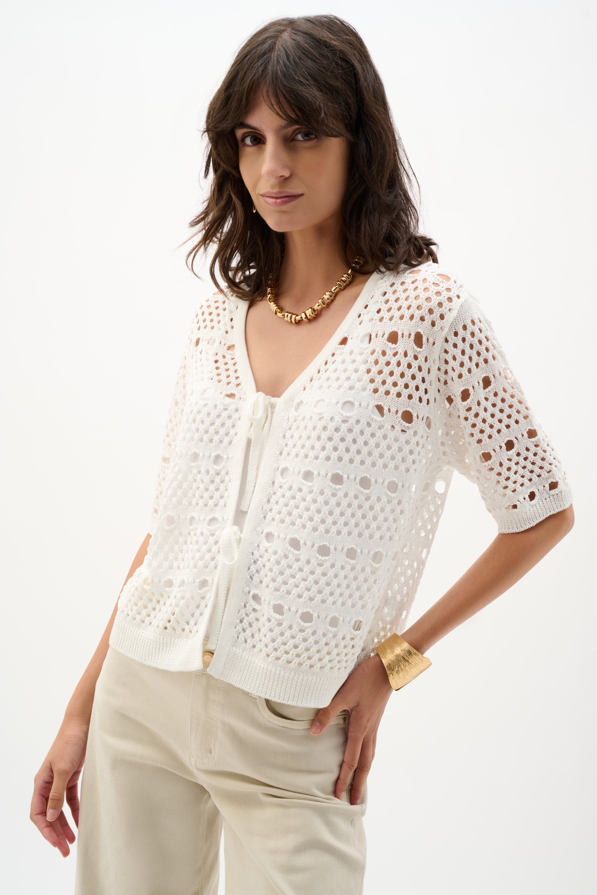 Viscose Sweater Knit Open-Stitch Cardigan