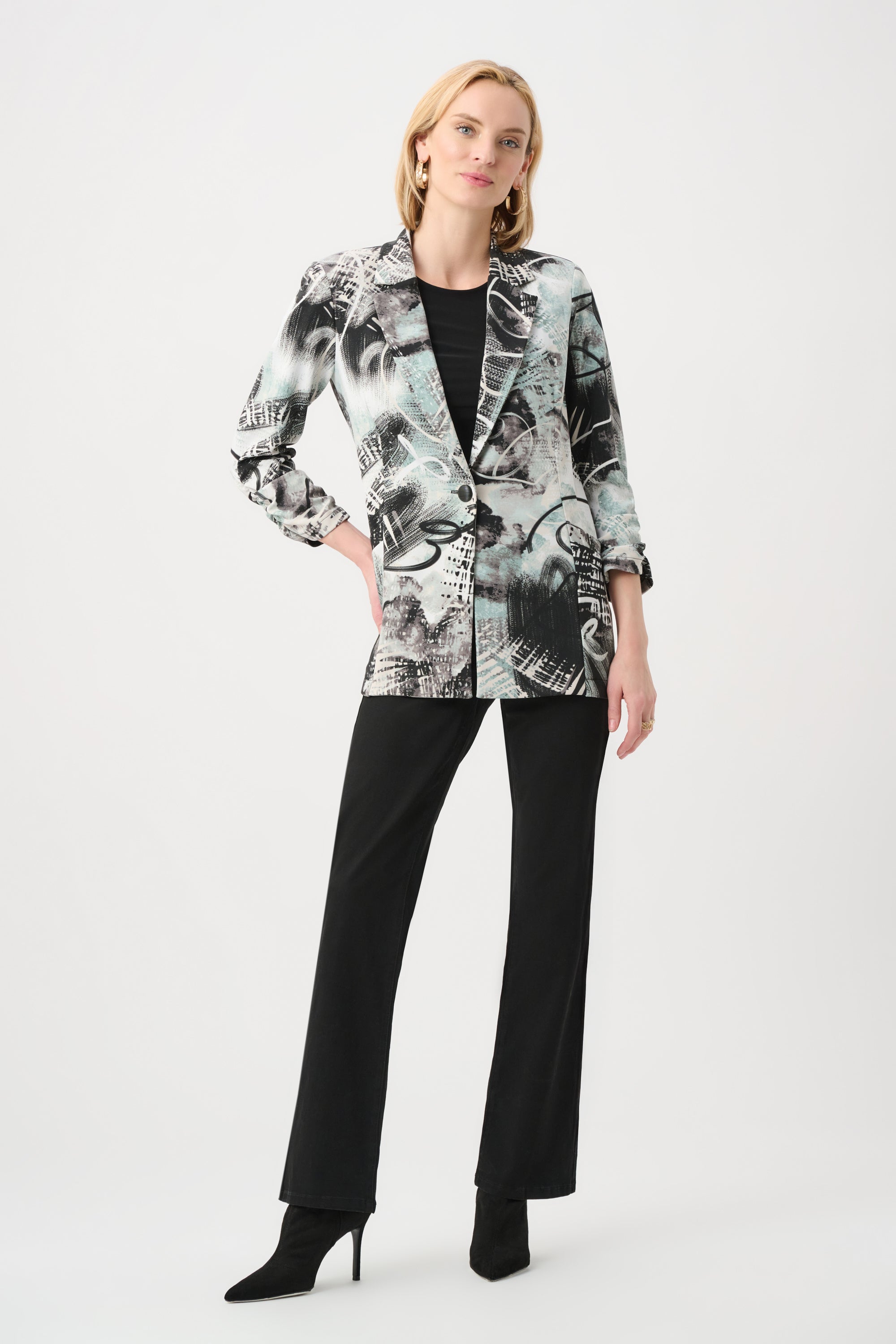 Silky Knit Abstract Print Straight Blazer