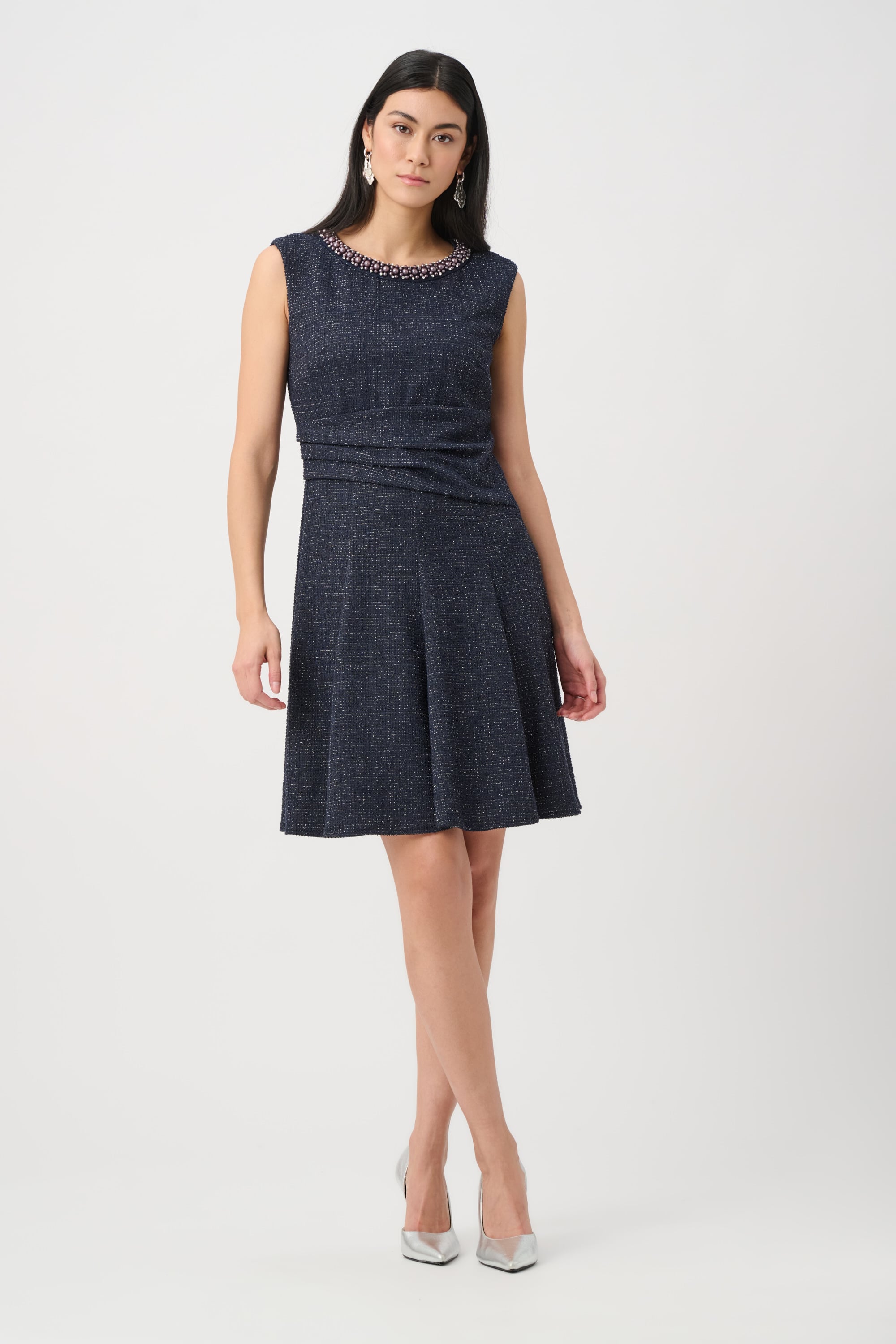 Lurex Boucle Flounce Dress with Pearl Trim
