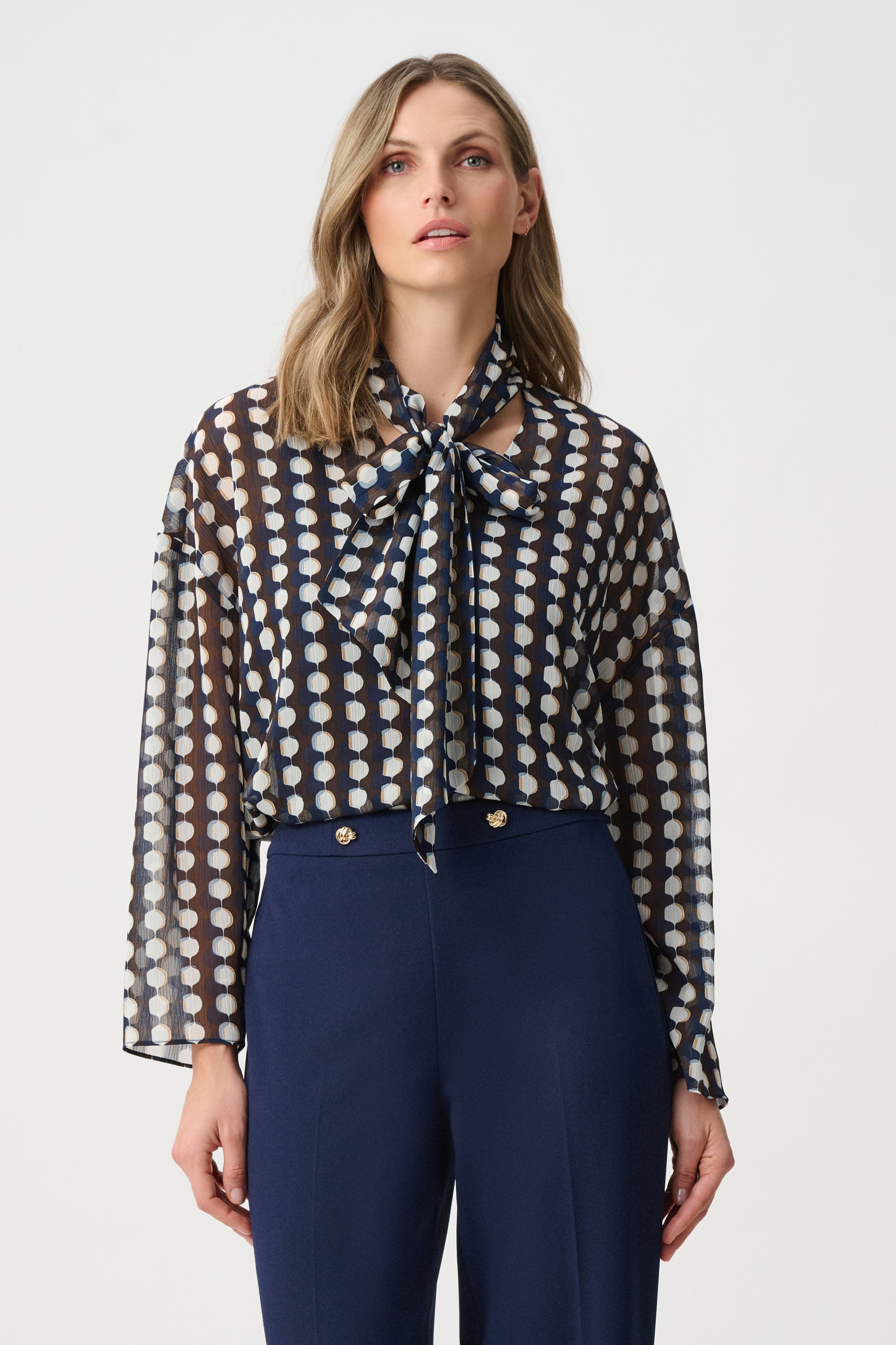 Chiffon Geometric-Print Tie-Neck Blouse