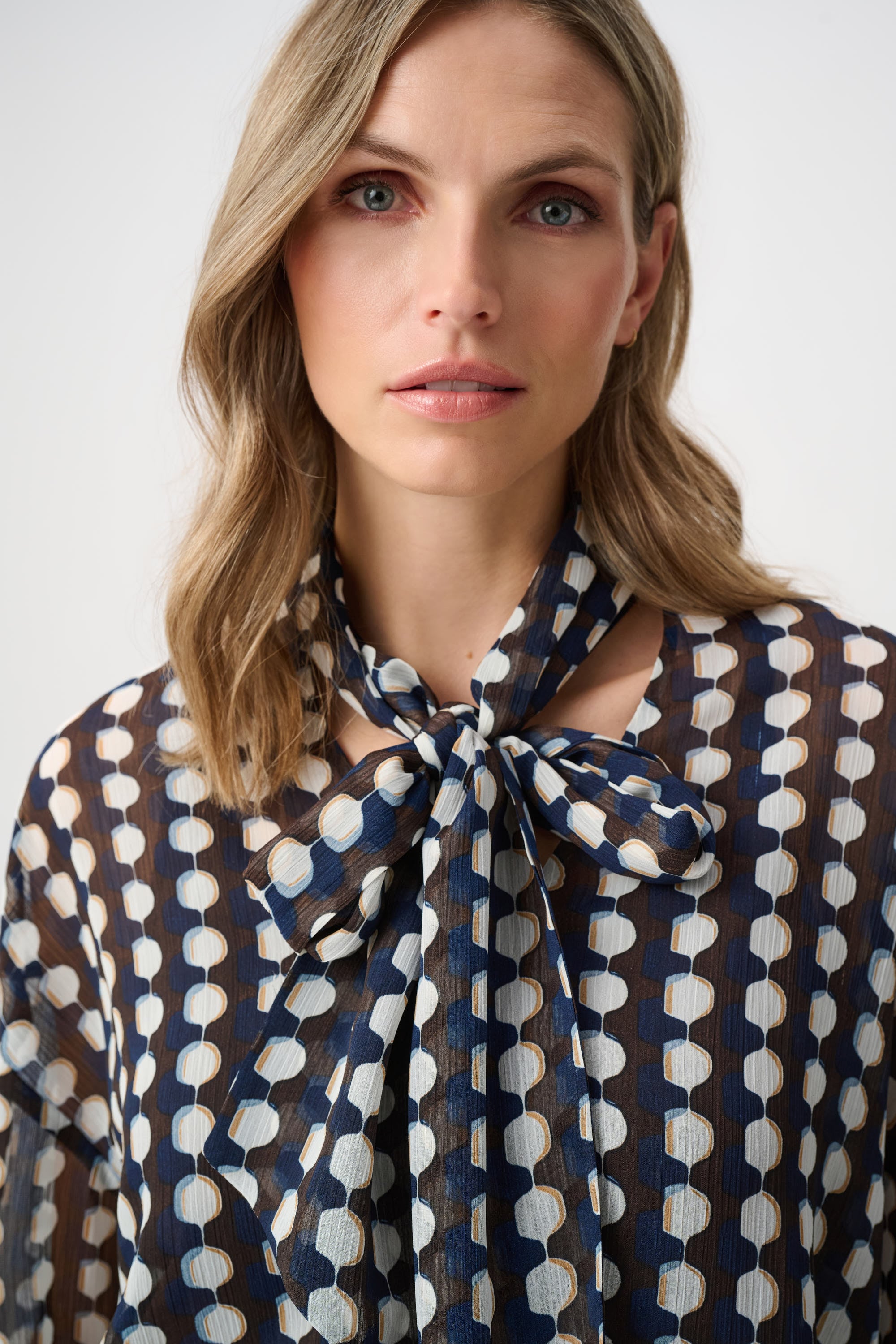 Chiffon Geometric-Print Tie-Neck Blouse