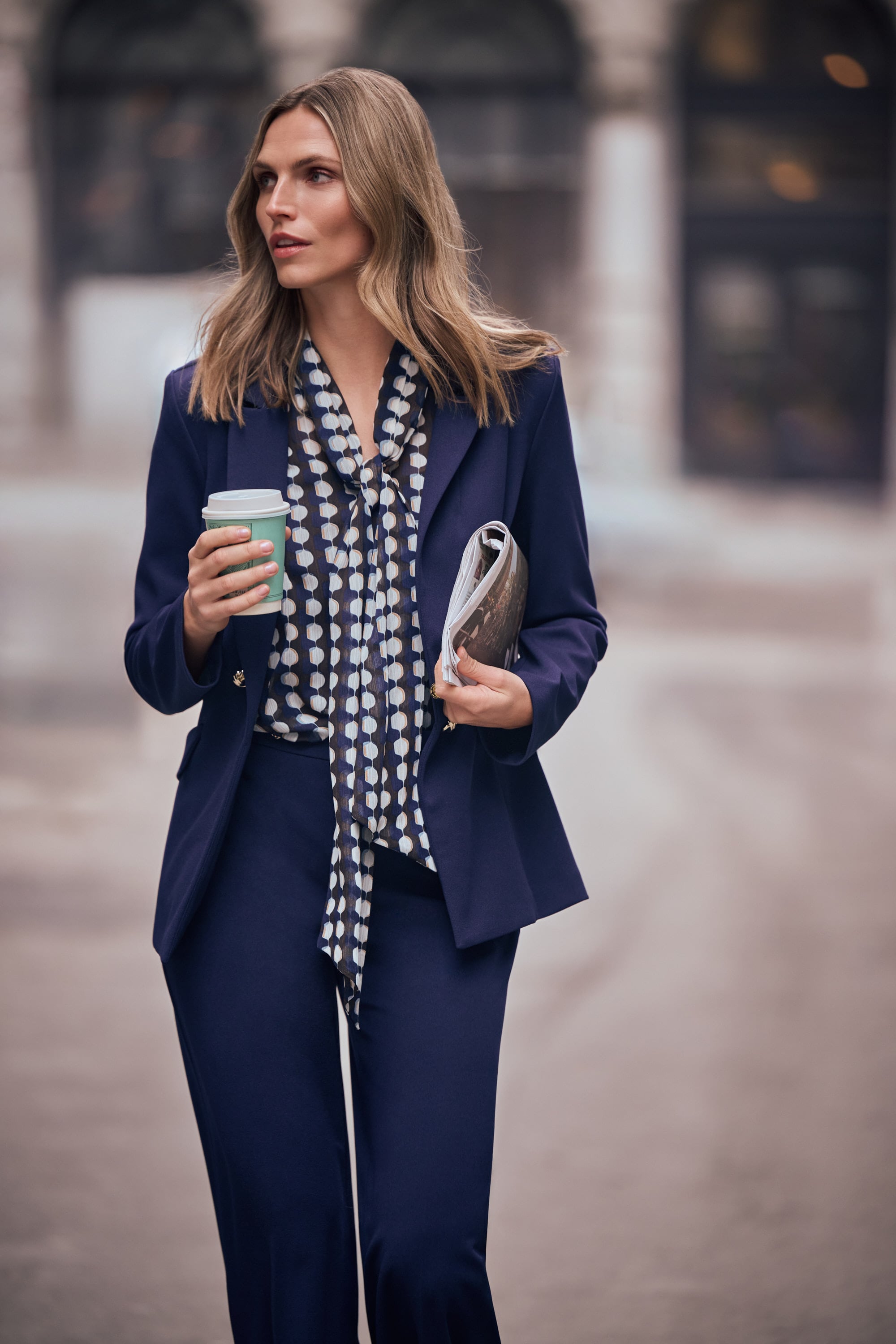 Chiffon Geometric-Print Tie-Neck Blouse