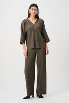 Pleated Scuba Crepe Zipped Neck Top