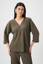 Pleated Scuba Crepe Zipped Neck Top
