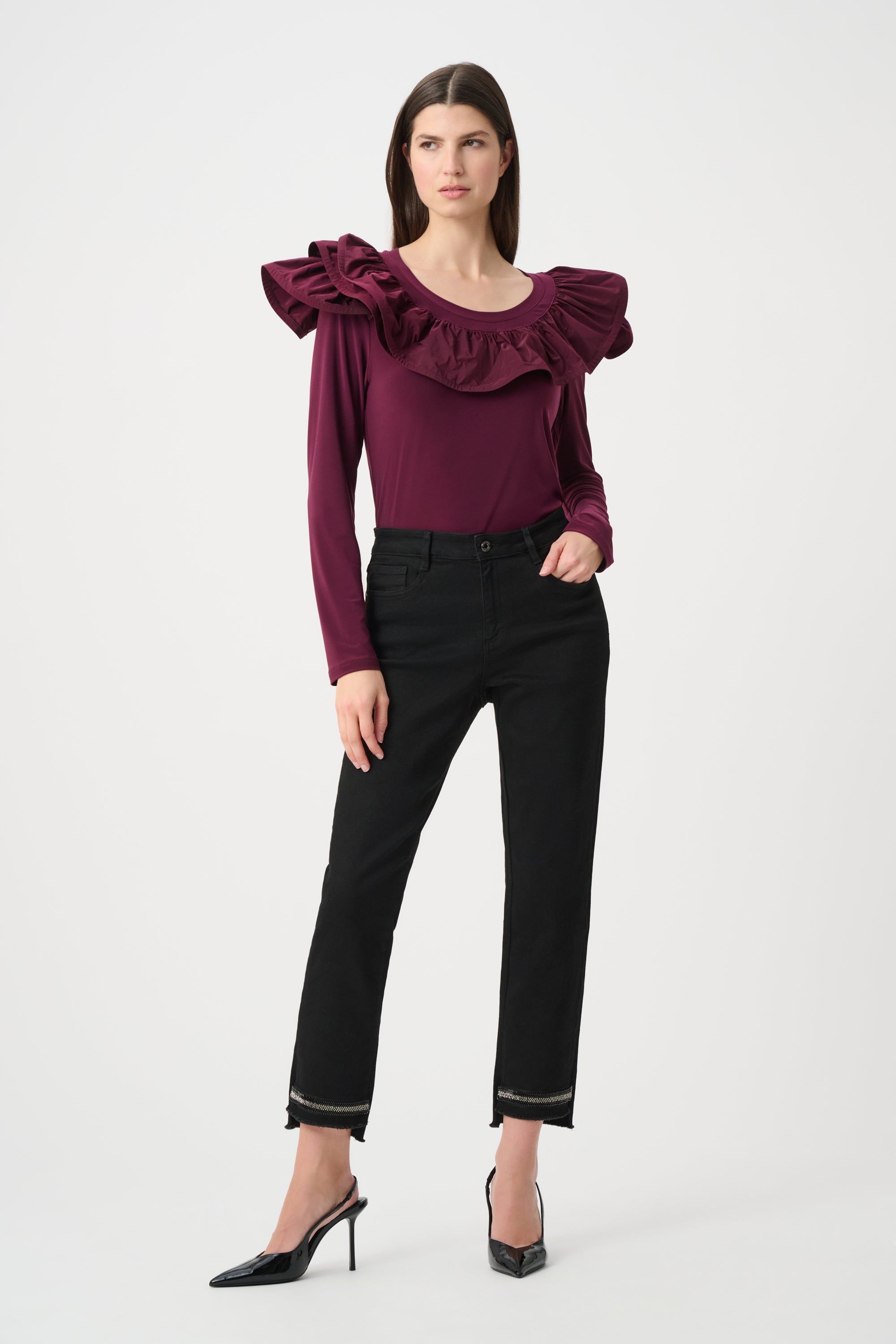 Joseph Ribkoff Silky Knit Fitted Top With Memory Ruffles-263167, view 7