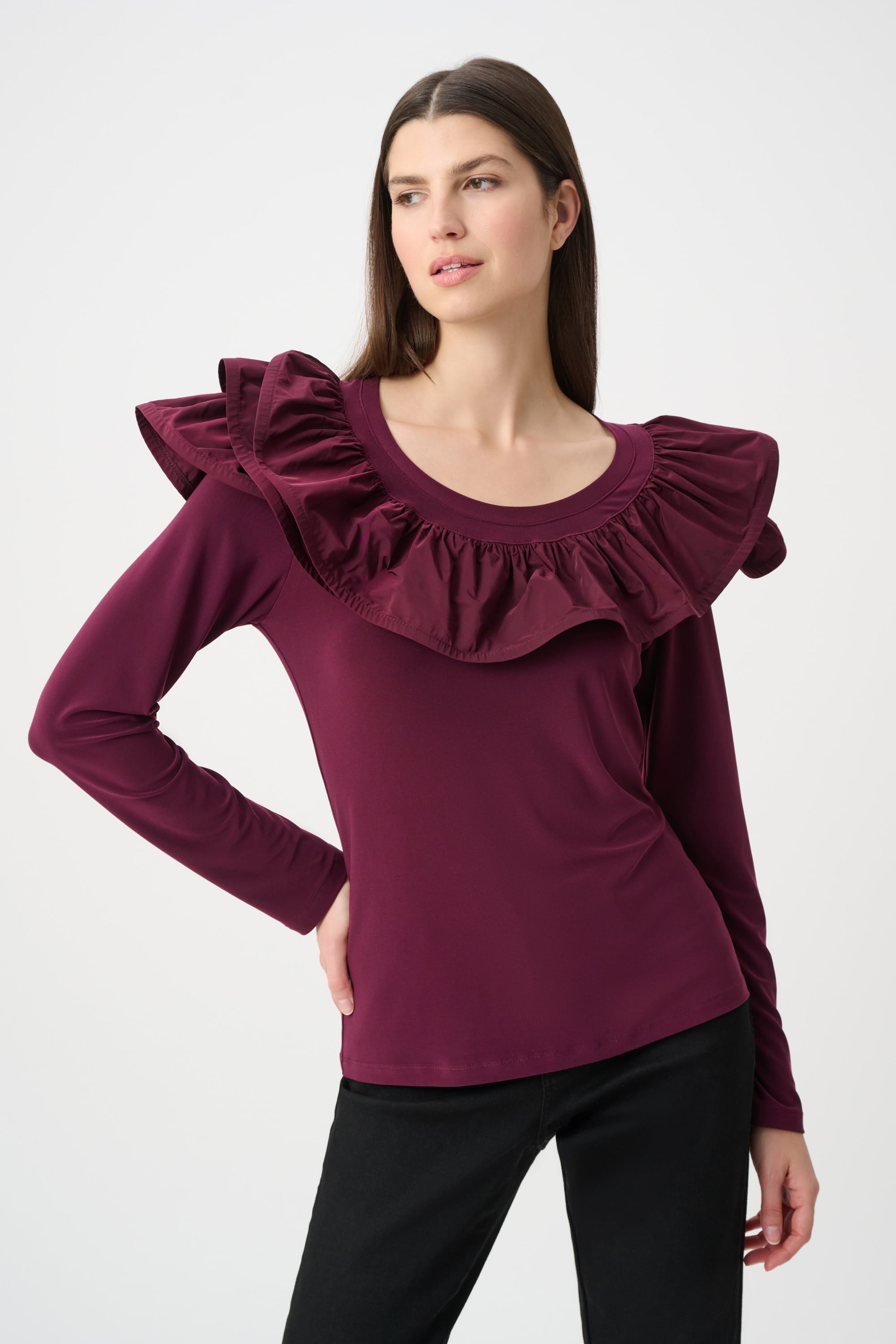 Joseph Ribkoff Silky Knit Fitted Top With Memory Ruffles-263167, view 2